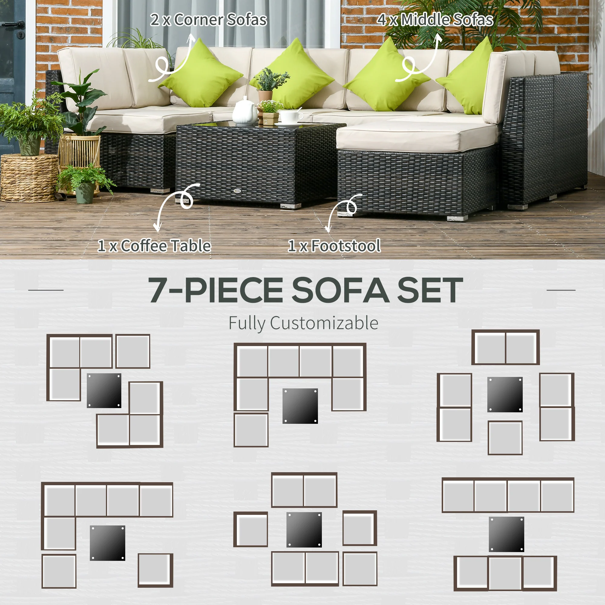 8 Pieces PE Rattan Corner Sofa Set with Cushion, Pillows & Tempered Glass Table, Brown - Image 8