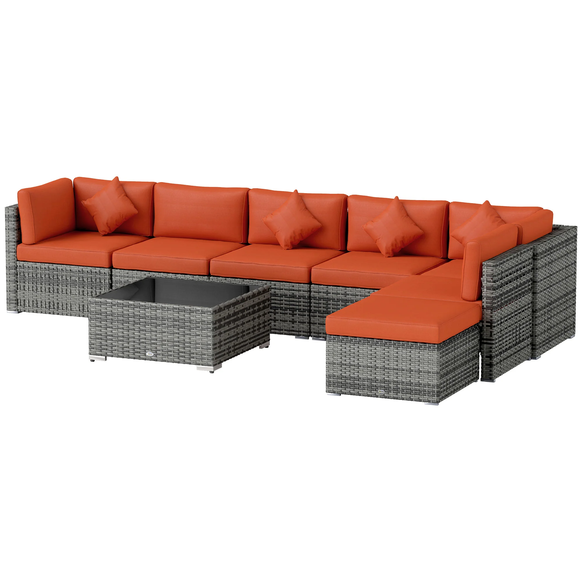 8 Pieces PE Rattan Corner Sofa Set with Cushion, Pillows & Tempered Glass Table, Orange