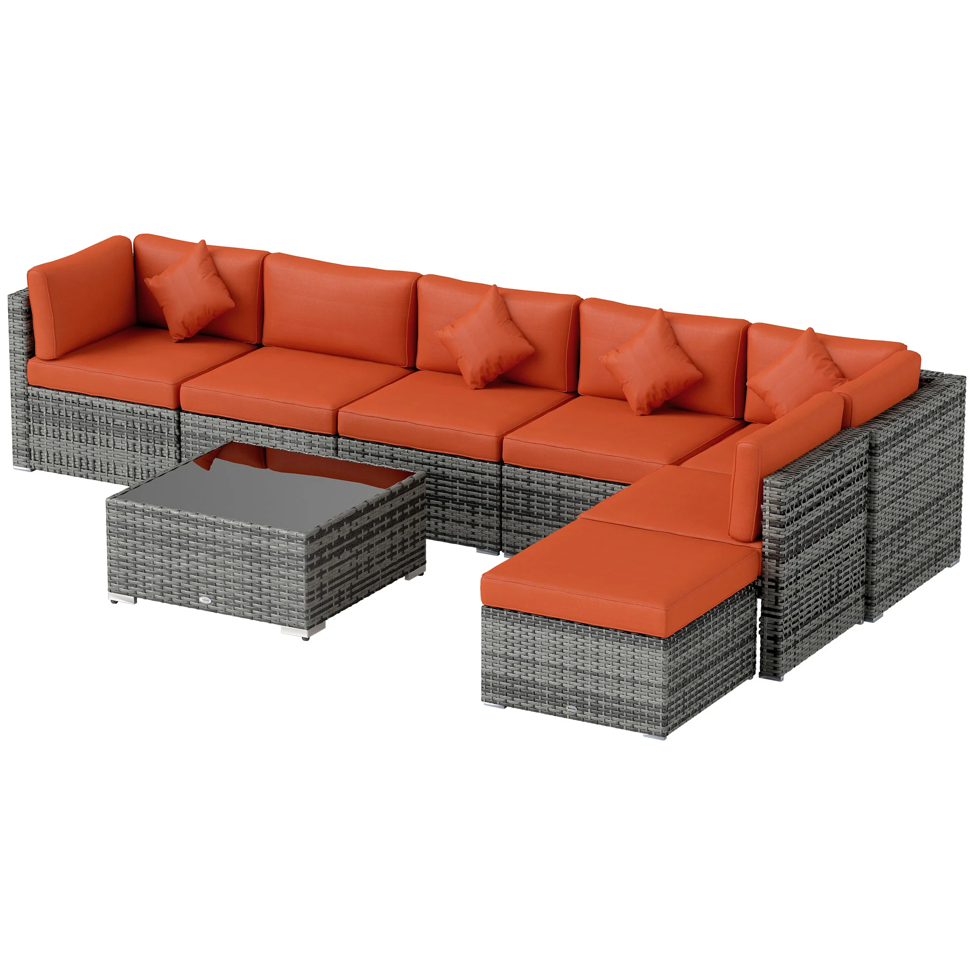 8 Pieces PE Rattan Corner Sofa Set with Cushion, Pillows & Tempered Glass Table, Orange - Image 2