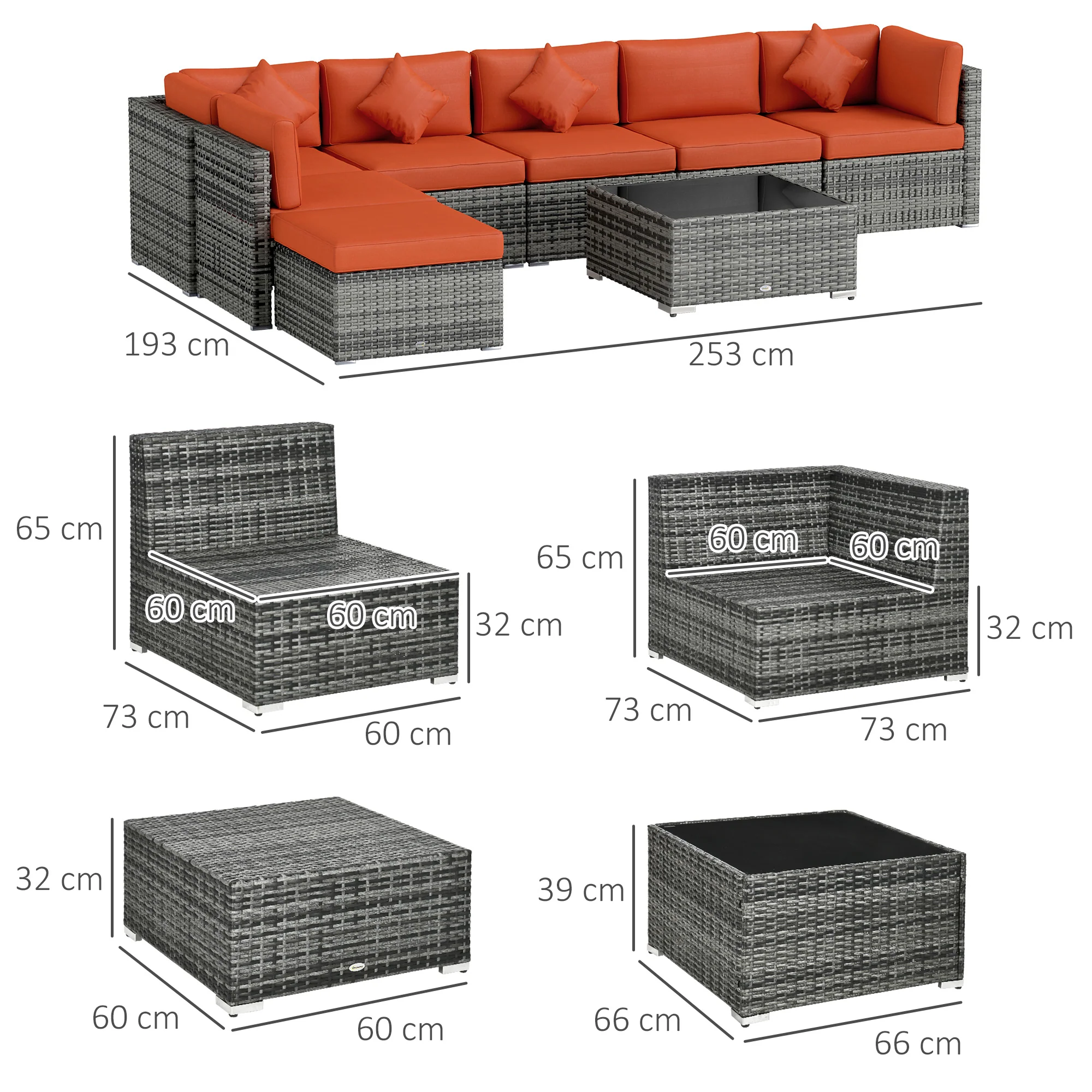 8 Pieces PE Rattan Corner Sofa Set with Cushion, Pillows & Tempered Glass Table, Orange - Image 5