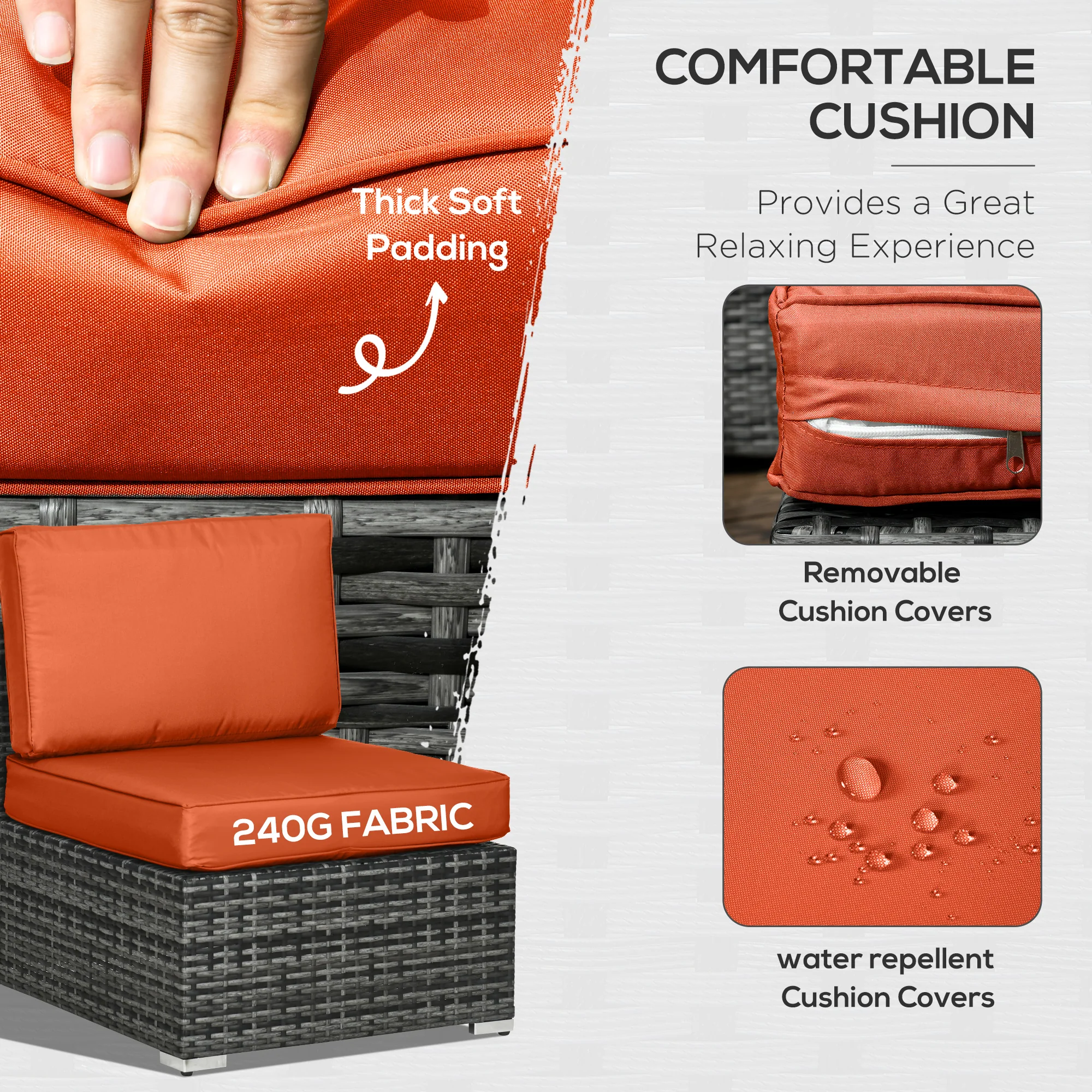 8 Pieces PE Rattan Corner Sofa Set with Cushion, Pillows & Tempered Glass Table, Orange - Image 7