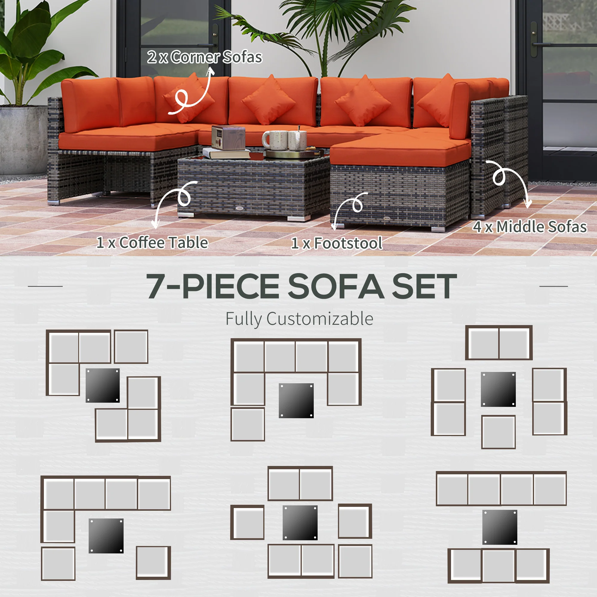 8 Pieces PE Rattan Corner Sofa Set with Cushion, Pillows & Tempered Glass Table, Orange - Image 8