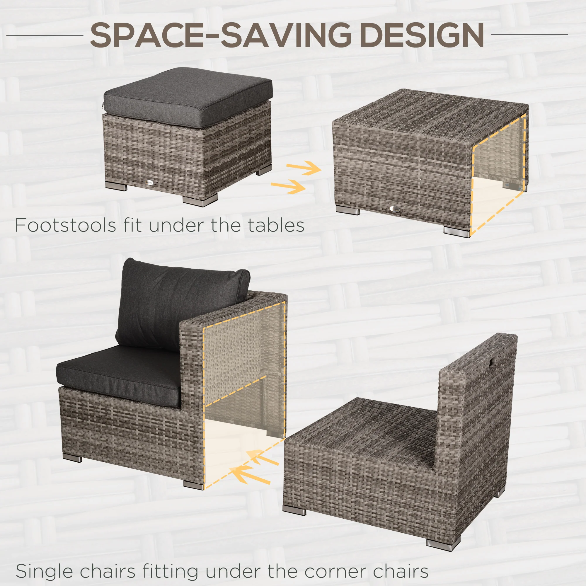 8 Piece Rattan Garden Furniture Set with Chairs, Footstools & Tables, Grey - Image 8