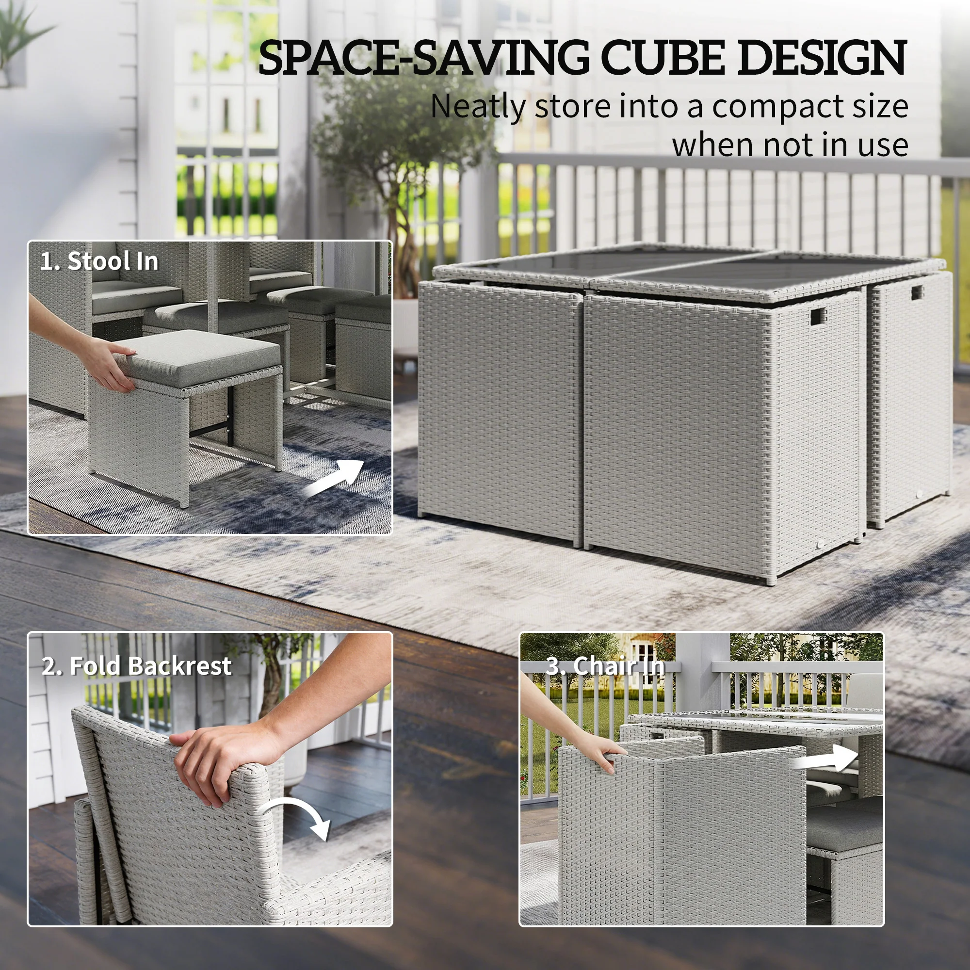 8 Seater Rattan Cube Garden Dining Set with Cushions, Light Grey - Image 6