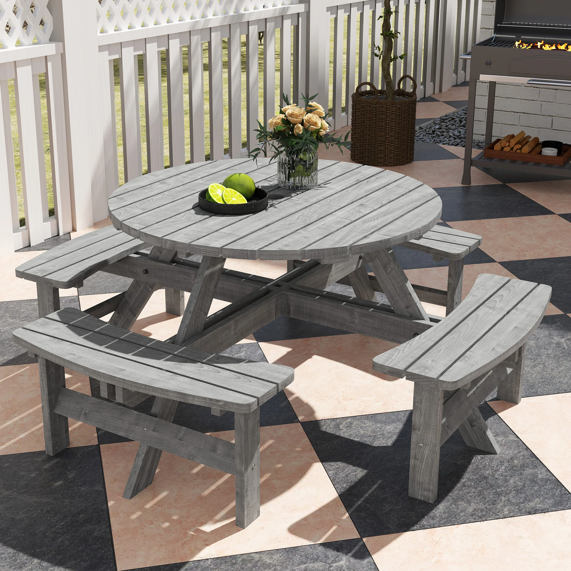 8 Seater Wooden Picnic Table and Garden Benches Set, Round Garden Dining Set with 4 Benches and Umbrella Hole Outdoor Garden Park, Grey - Image 11