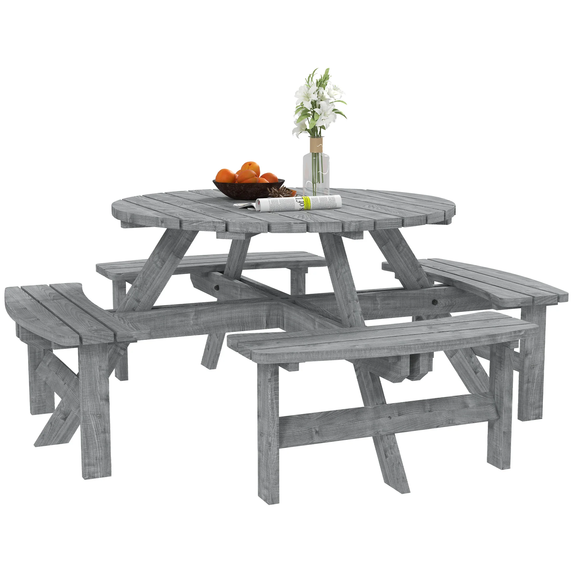 8 Seater Wooden Picnic Table and Garden Benches Set, Round Garden Dining Set with 4 Benches and Umbrella Hole Outdoor Garden Park, Grey - Image 2