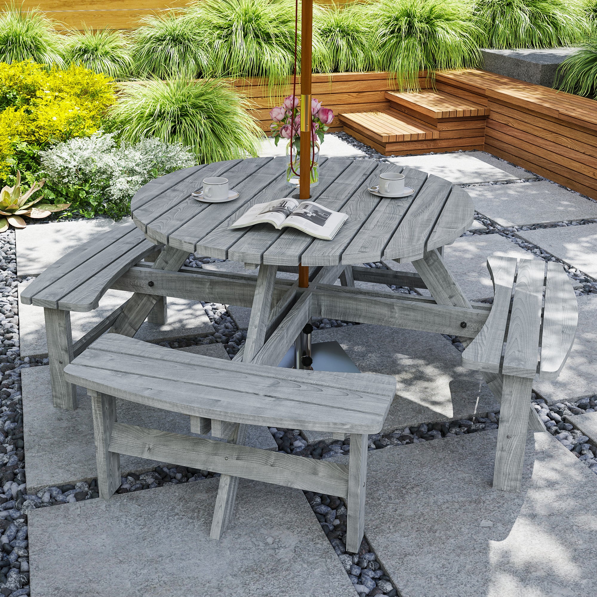 8 Seater Wooden Picnic Table and Garden Benches Set, Round Garden Dining Set with 4 Benches and Umbrella Hole Outdoor Garden Park, Grey - Image 3