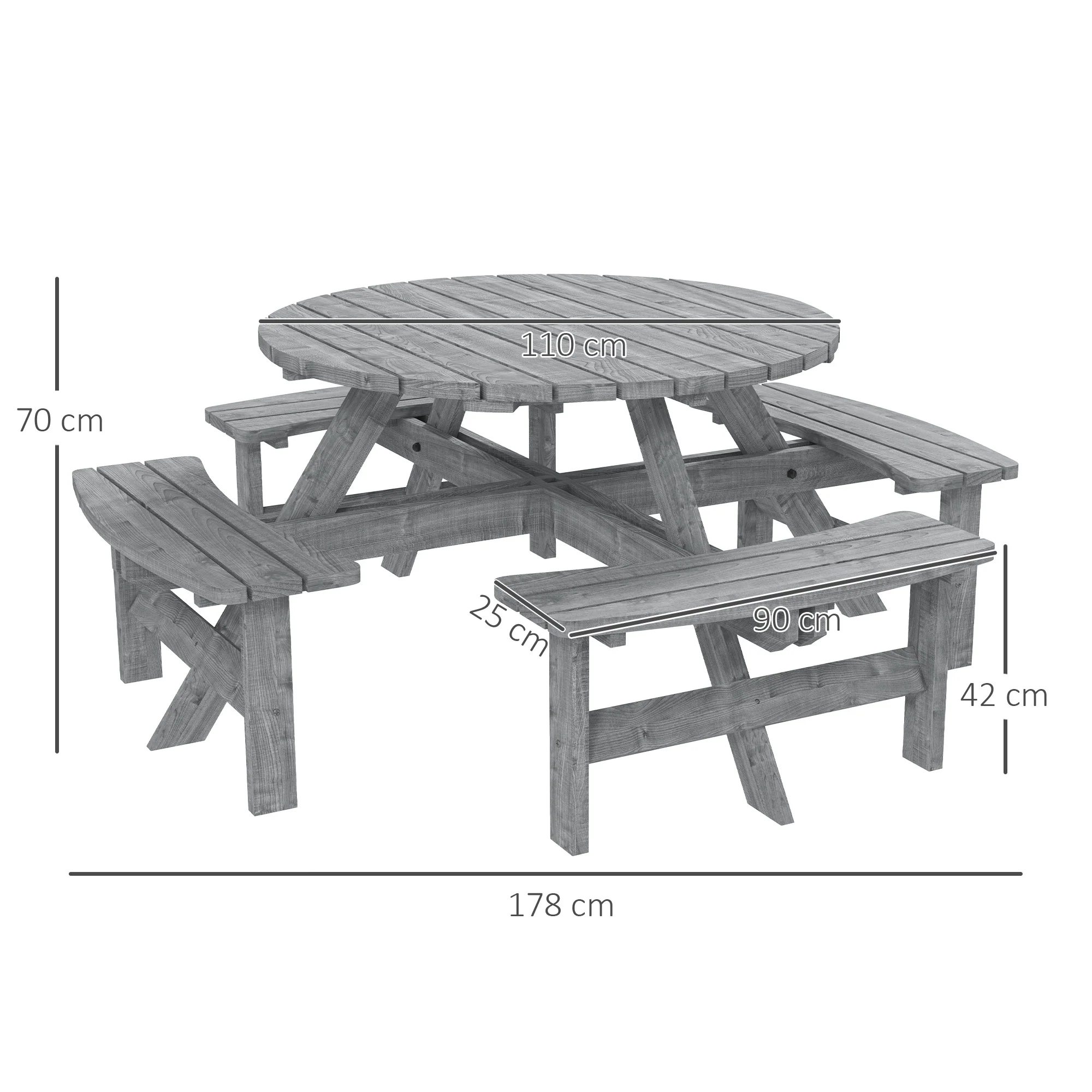 8 Seater Wooden Picnic Table and Garden Benches Set, Round Garden Dining Set with 4 Benches and Umbrella Hole Outdoor Garden Park, Grey - Image 5