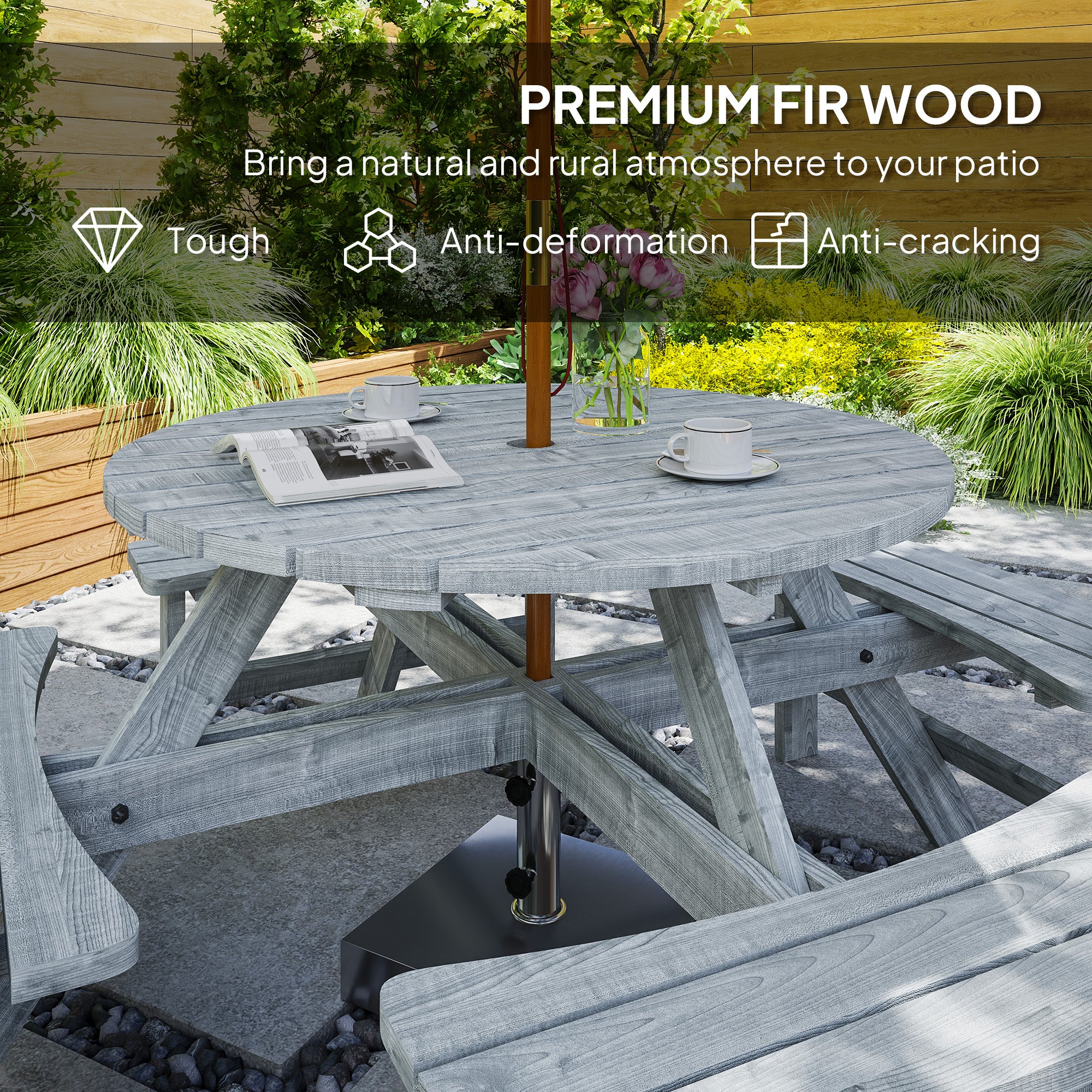 8 Seater Wooden Picnic Table and Garden Benches Set, Round Garden Dining Set with 4 Benches and Umbrella Hole Outdoor Garden Park, Grey - Image 7