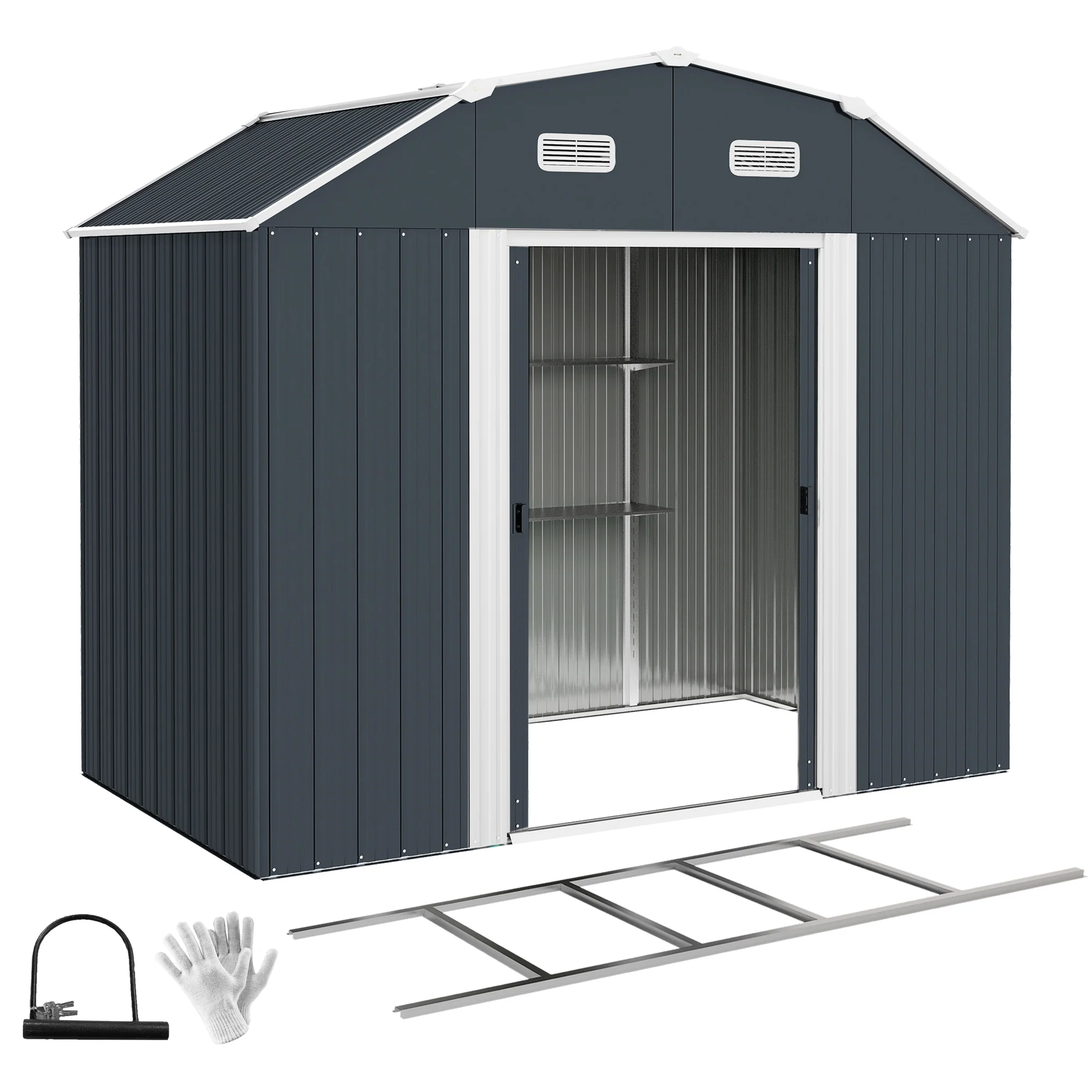 8' x 4' Galvanized Garden Shed with Adjustable Shelves, Foundation Kit, Dark Grey