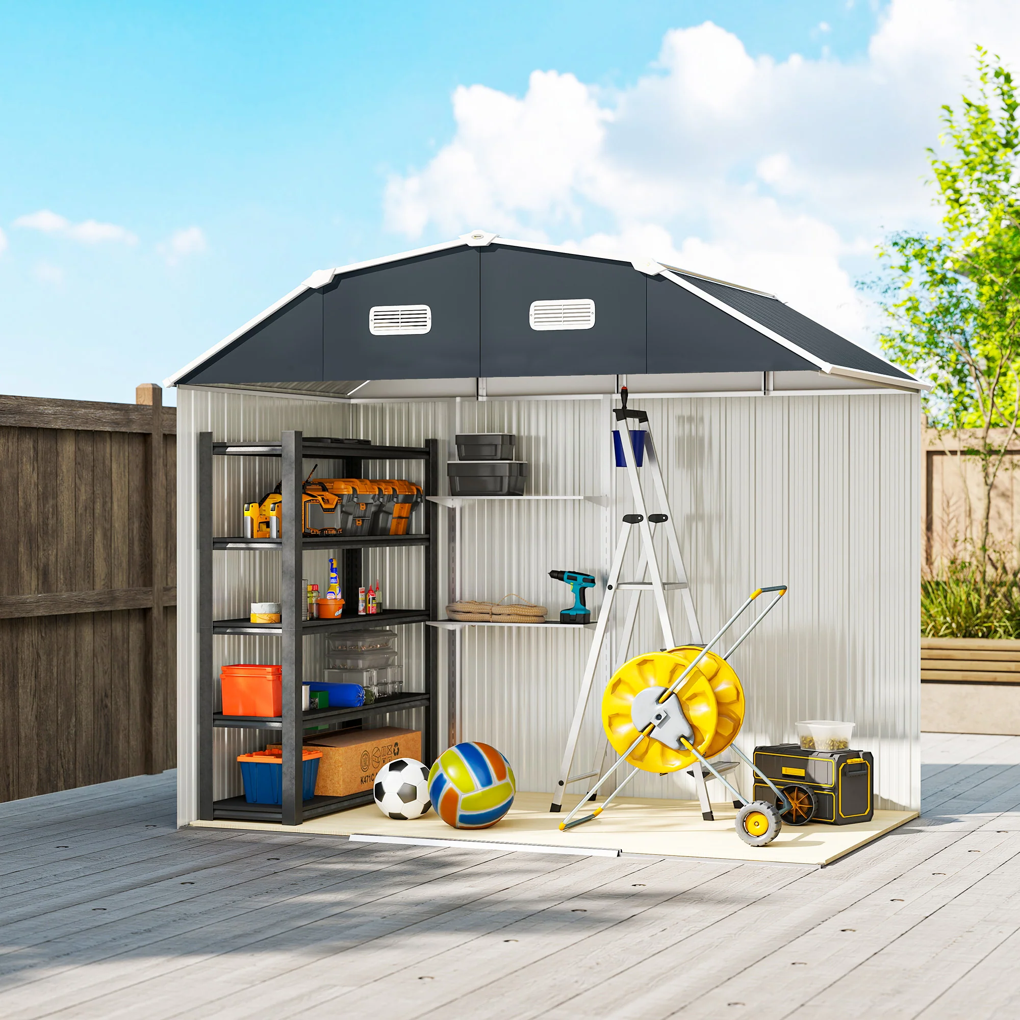 8' x 4' Galvanized Garden Shed with Adjustable Shelves, Foundation Kit, Dark Grey - Image 10