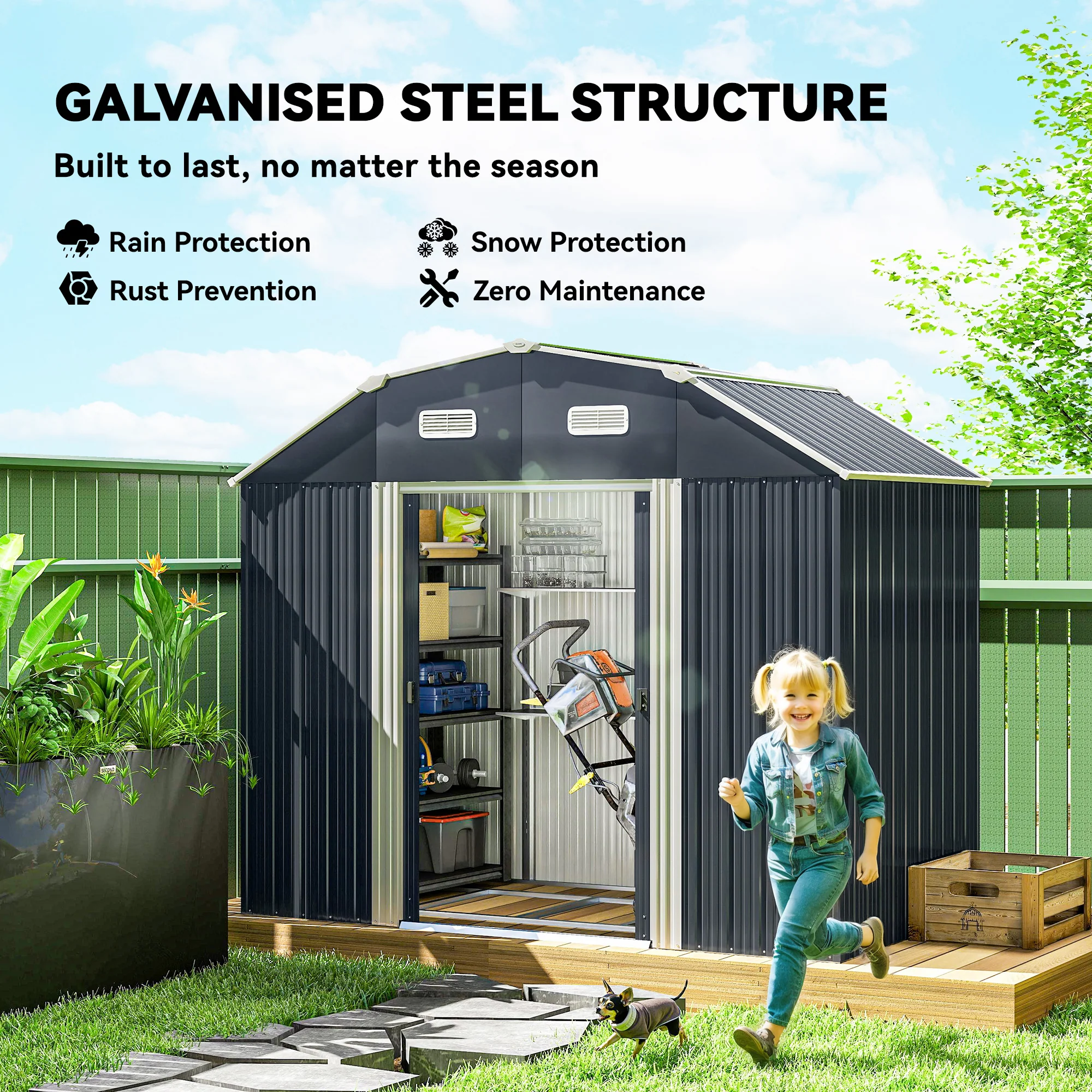 8' x 4' Galvanized Garden Shed with Adjustable Shelves, Foundation Kit, Dark Grey - Image 6