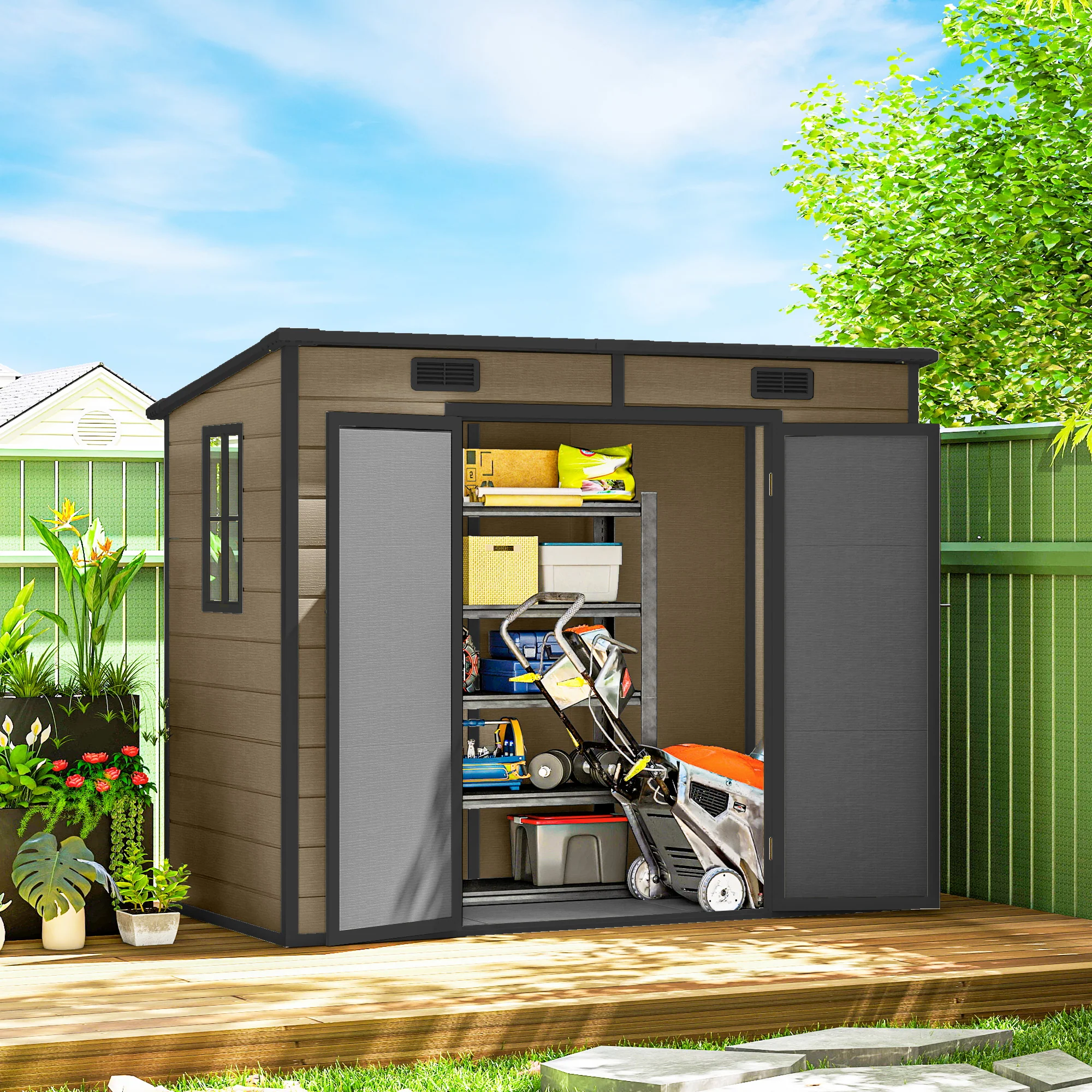 EverBase 8' x 4' Outdoor Storage Shed with Window, Lockable Doors and Vents, Light Brown - Image 4