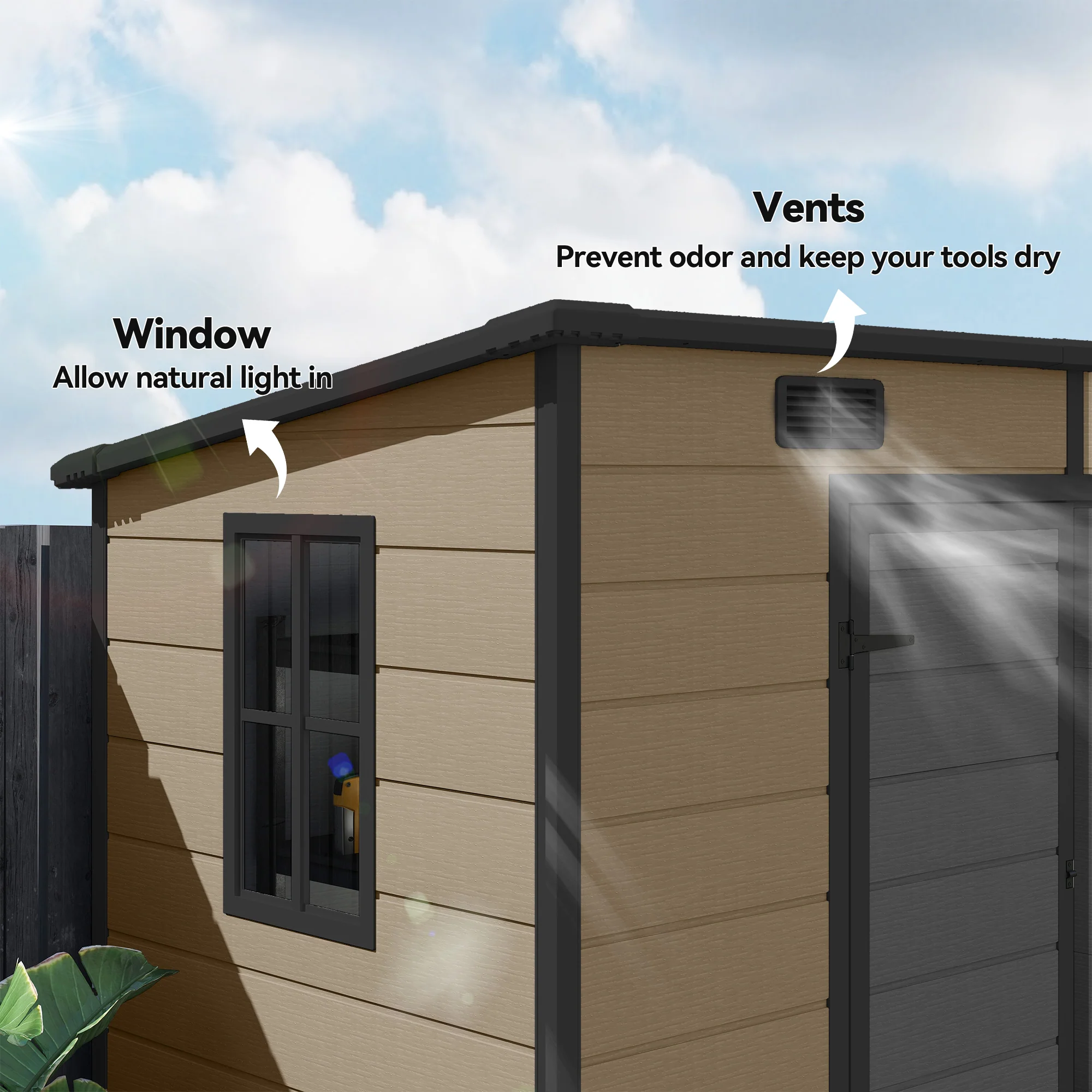 EverBase 8' x 4' Outdoor Storage Shed with Window, Lockable Doors and Vents, Light Brown - Image 8