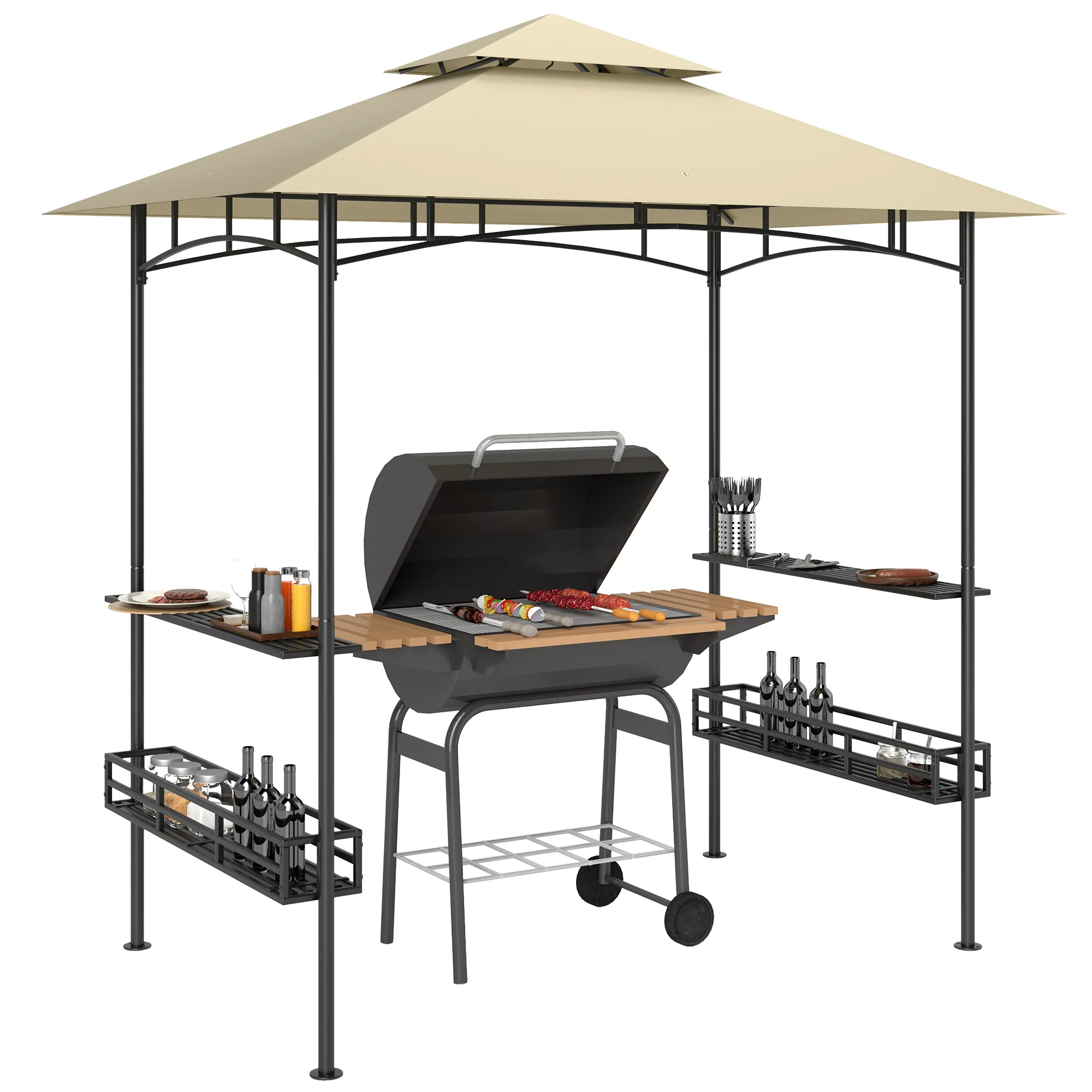 8' x 5' Grill Gazebo Canopy with 2 Side Shelves, Storage Baskets & Hook for BBQ, Picnic, Beige