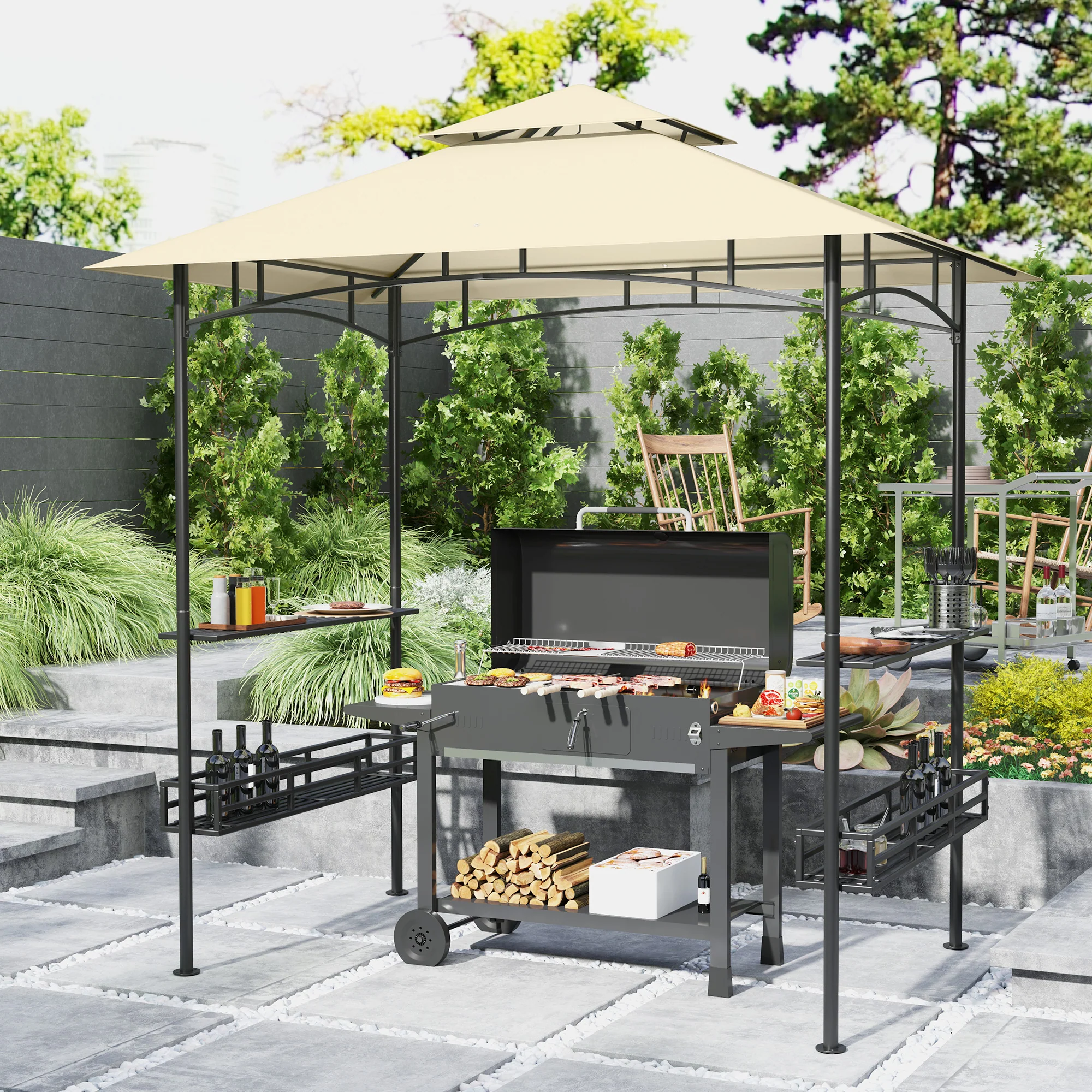 8' x 5' Grill Gazebo Canopy with 2 Side Shelves, Storage Baskets & Hook for BBQ, Picnic, Beige - Image 3
