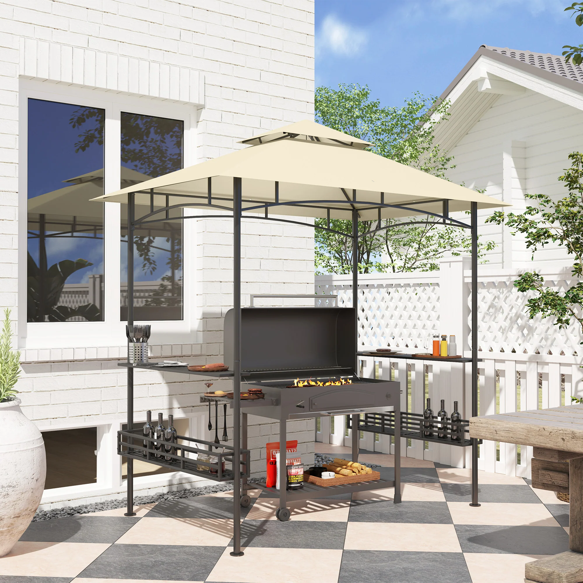 8' x 5' Grill Gazebo Canopy with 2 Side Shelves, Storage Baskets & Hook for BBQ, Picnic, Beige - Image 4