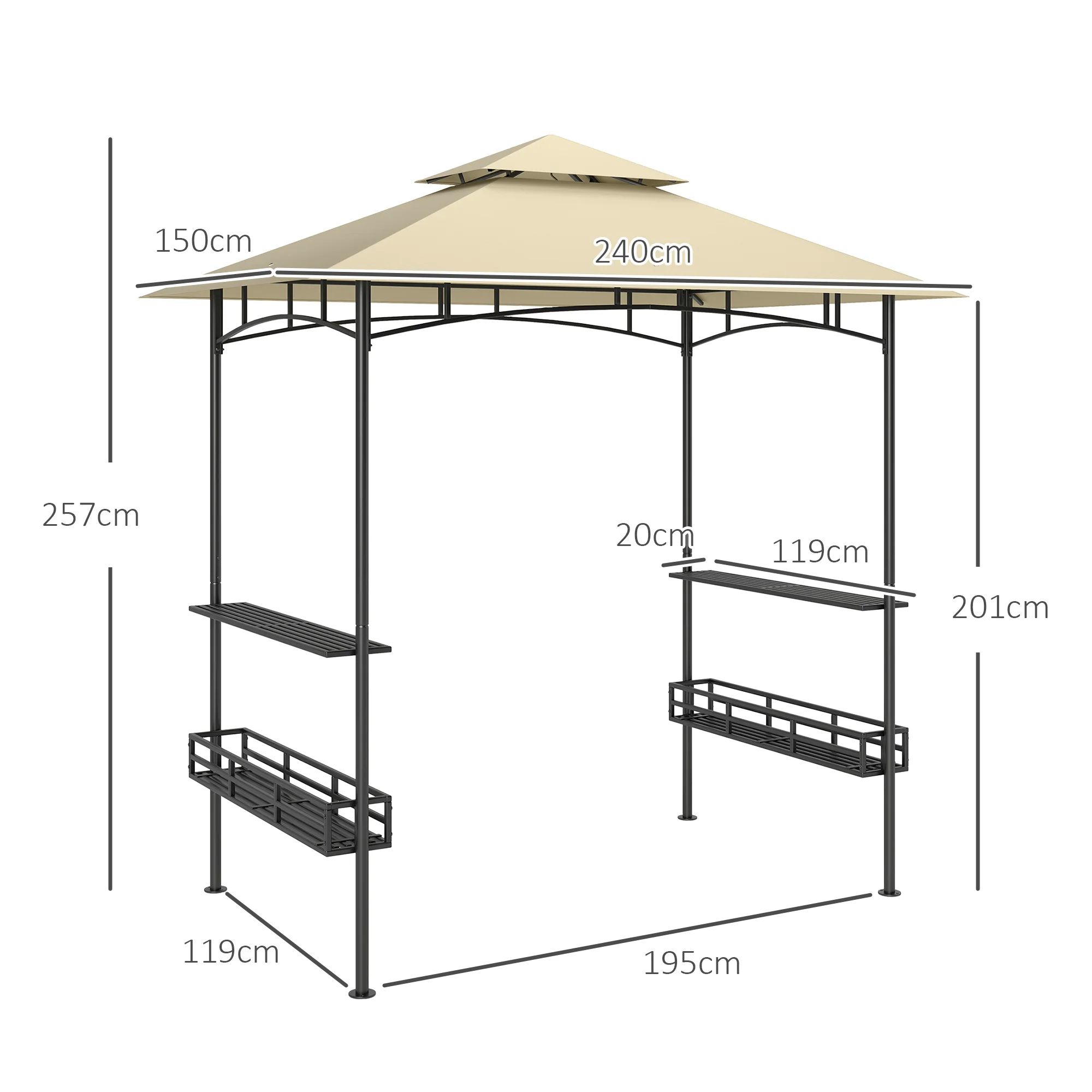 8' x 5' Grill Gazebo Canopy with 2 Side Shelves, Storage Baskets & Hook for BBQ, Picnic, Beige - Image 5