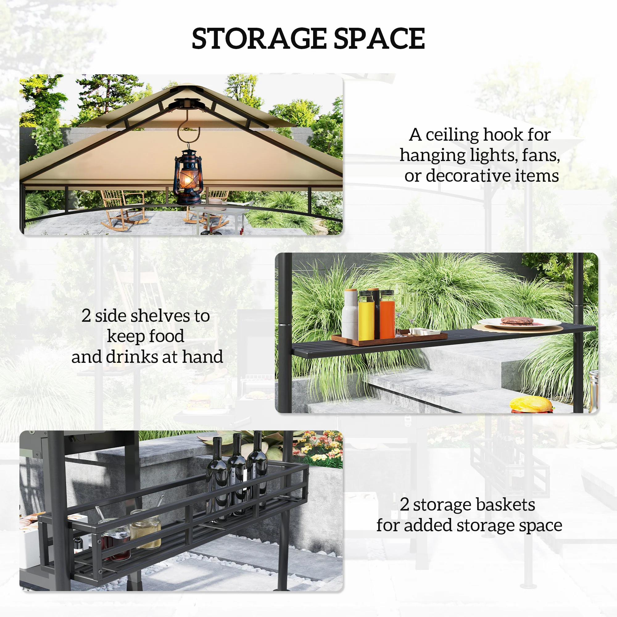8' x 5' Grill Gazebo Canopy with 2 Side Shelves, Storage Baskets & Hook for BBQ, Picnic, Beige - Image 7