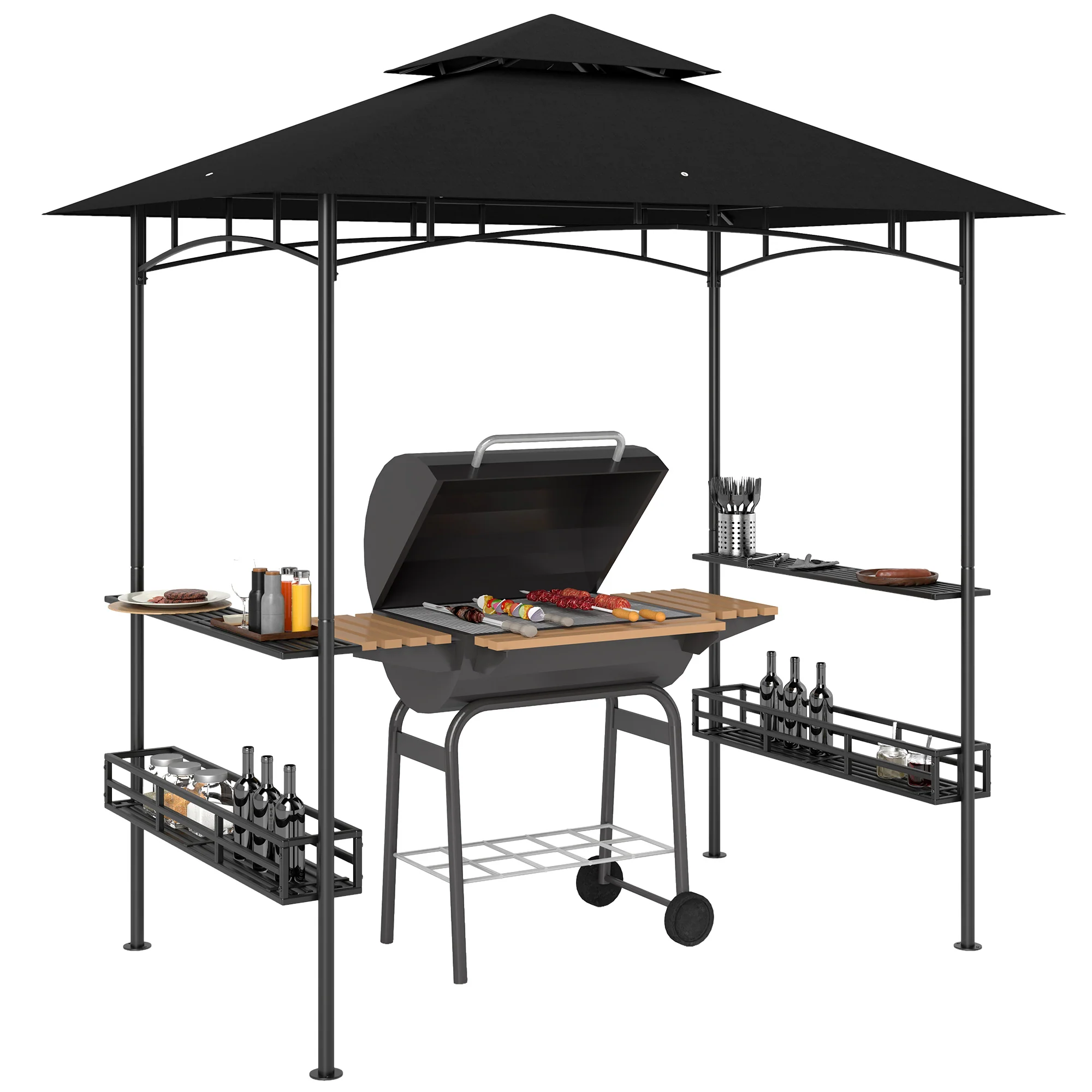 8' x 5' Grill Gazebo Canopy with 2 Side Shelves, Storage Baskets & Hook for BBQ, Picnic, Dark Grey
