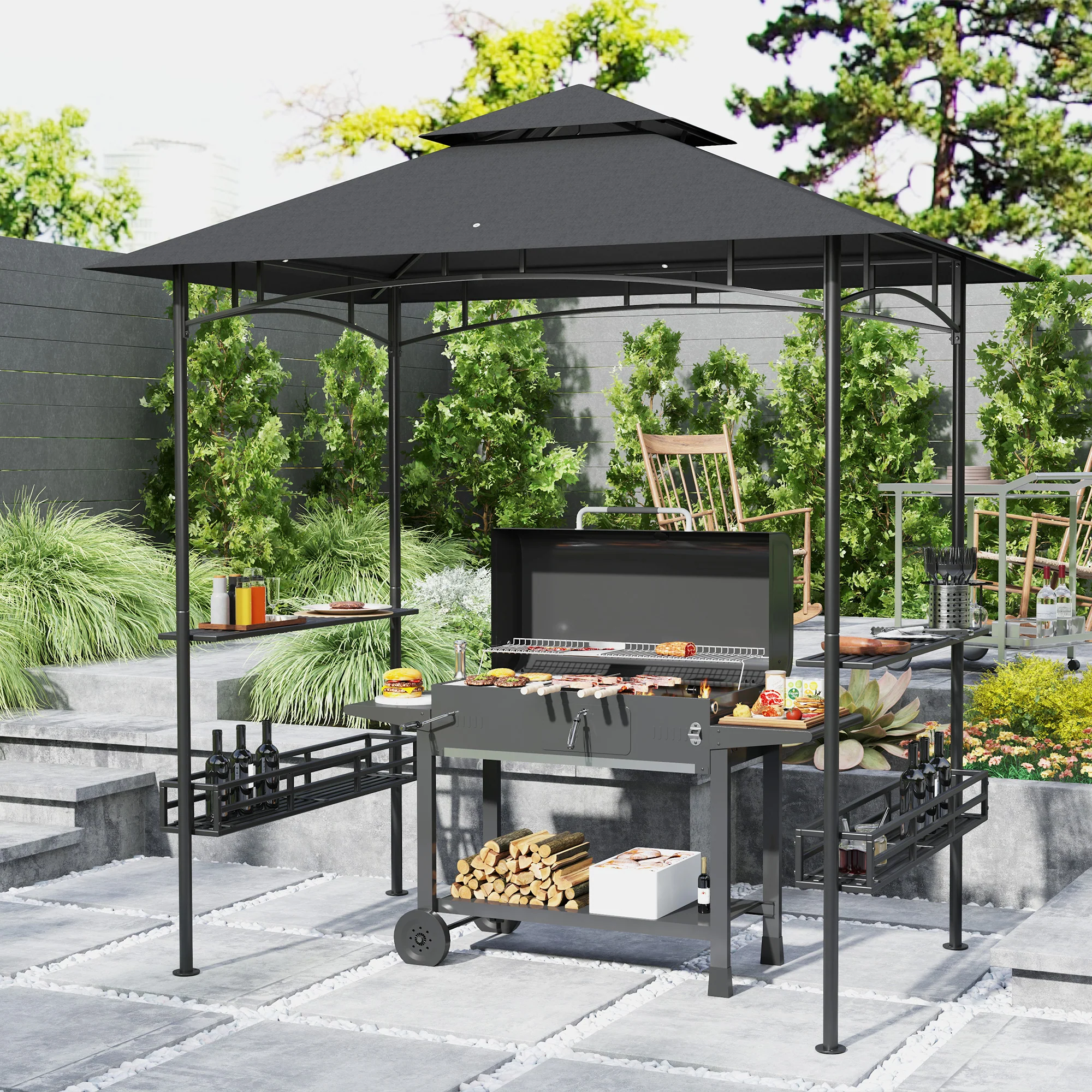 8' x 5' Grill Gazebo Canopy with 2 Side Shelves, Storage Baskets & Hook for BBQ, Picnic, Dark Grey - Image 3