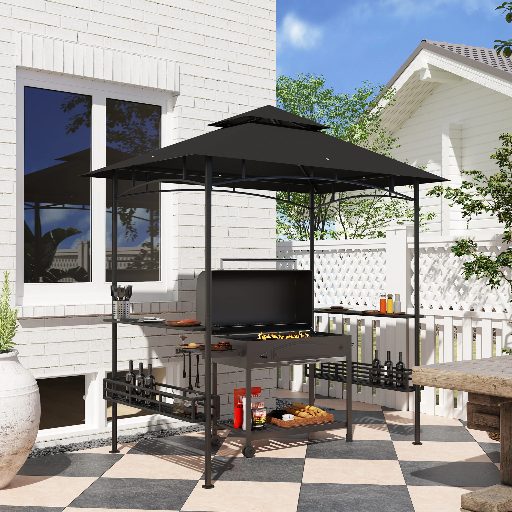 8' x 5' Grill Gazebo Canopy with 2 Side Shelves, Storage Baskets & Hook for BBQ, Picnic, Dark Grey - Image 4