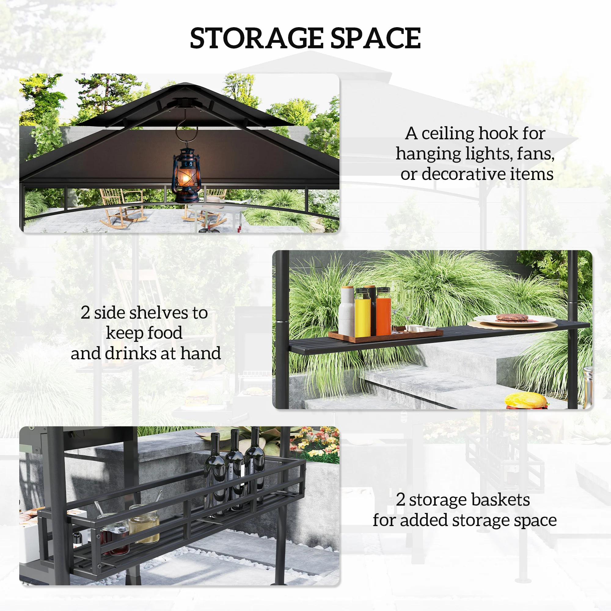 8' x 5' Grill Gazebo Canopy with 2 Side Shelves, Storage Baskets & Hook for BBQ, Picnic, Dark Grey - Image 7