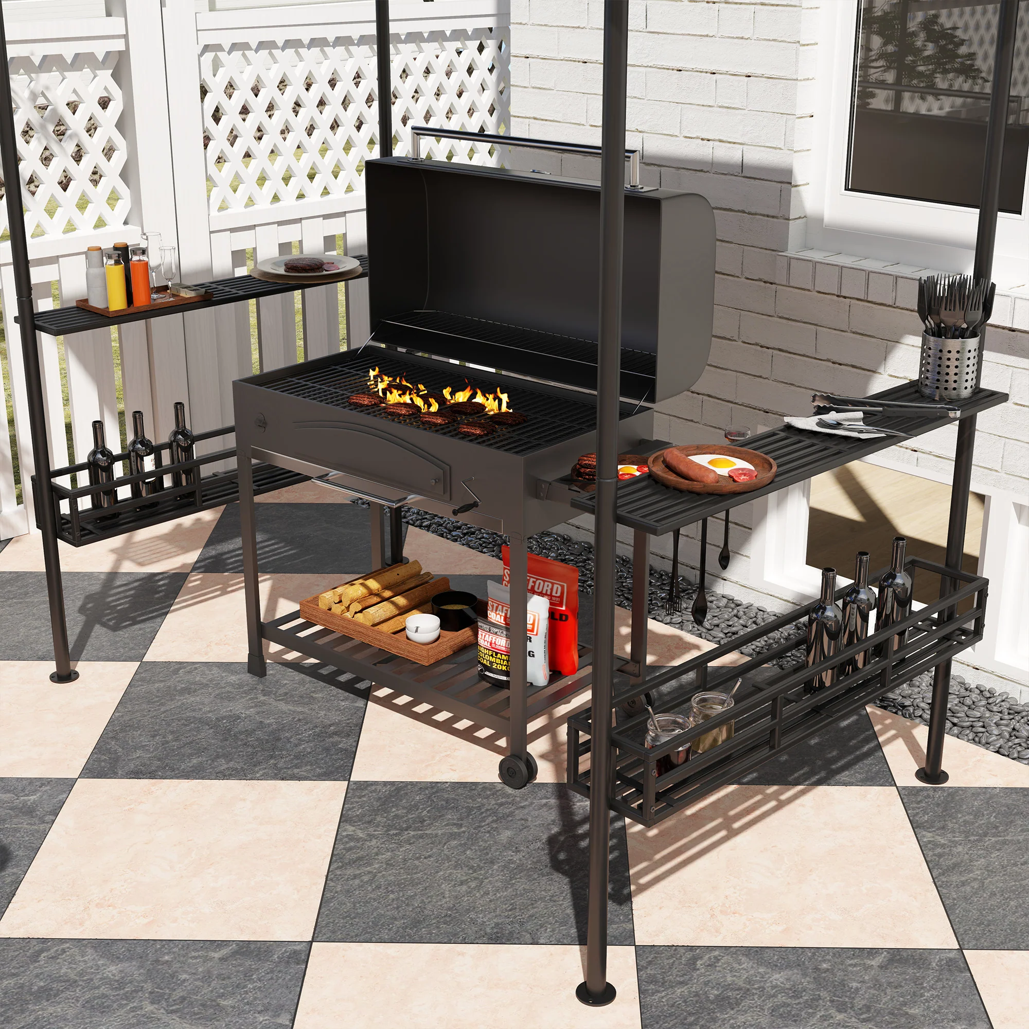 8' x 5' Grill Gazebo Canopy with 2 Side Shelves, Storage Baskets & Hook for BBQ, Picnic, Dark Grey - Image 9