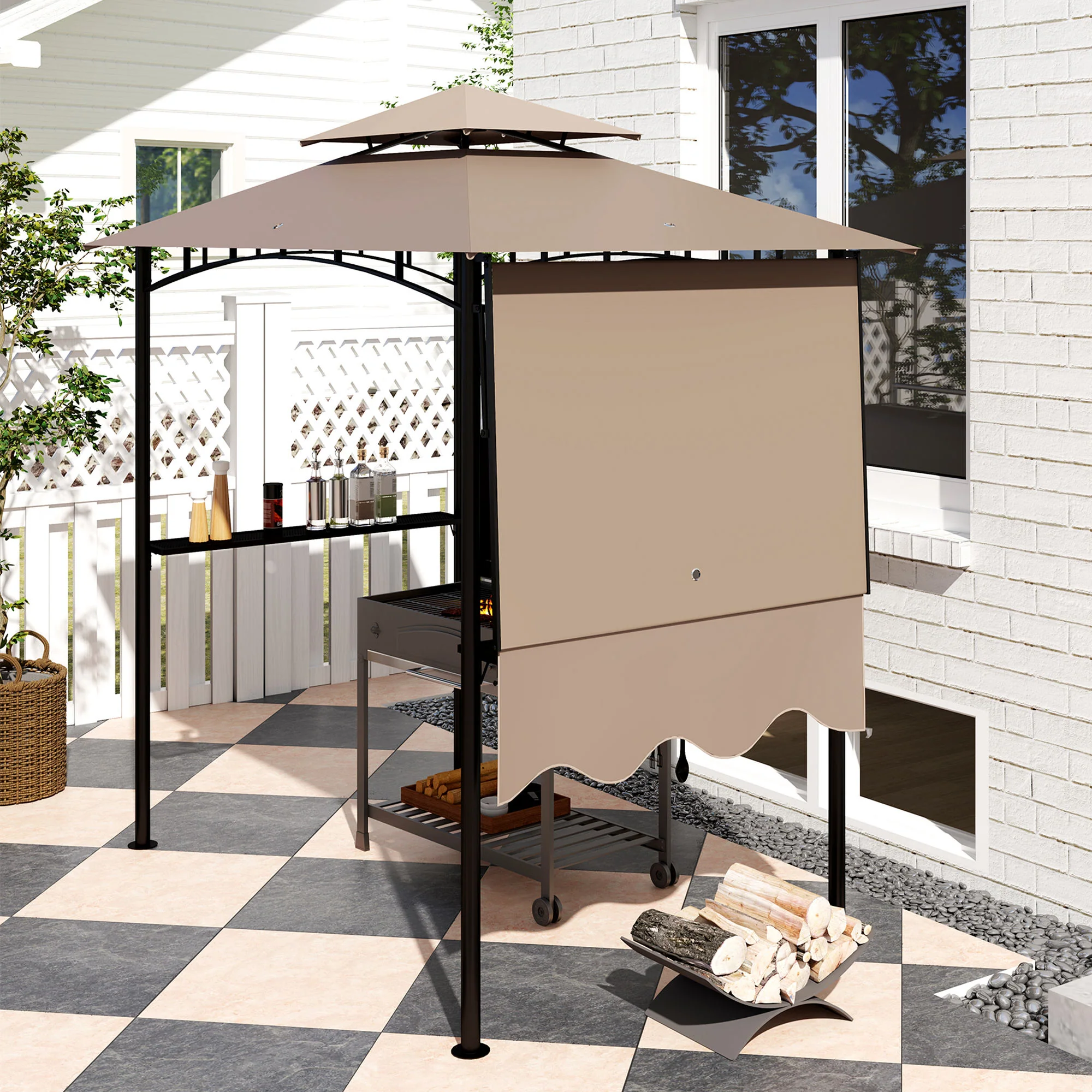 8' x 5' Double-Tiered BBQ Gazebo with Side Shelves, Khaki - Image 10