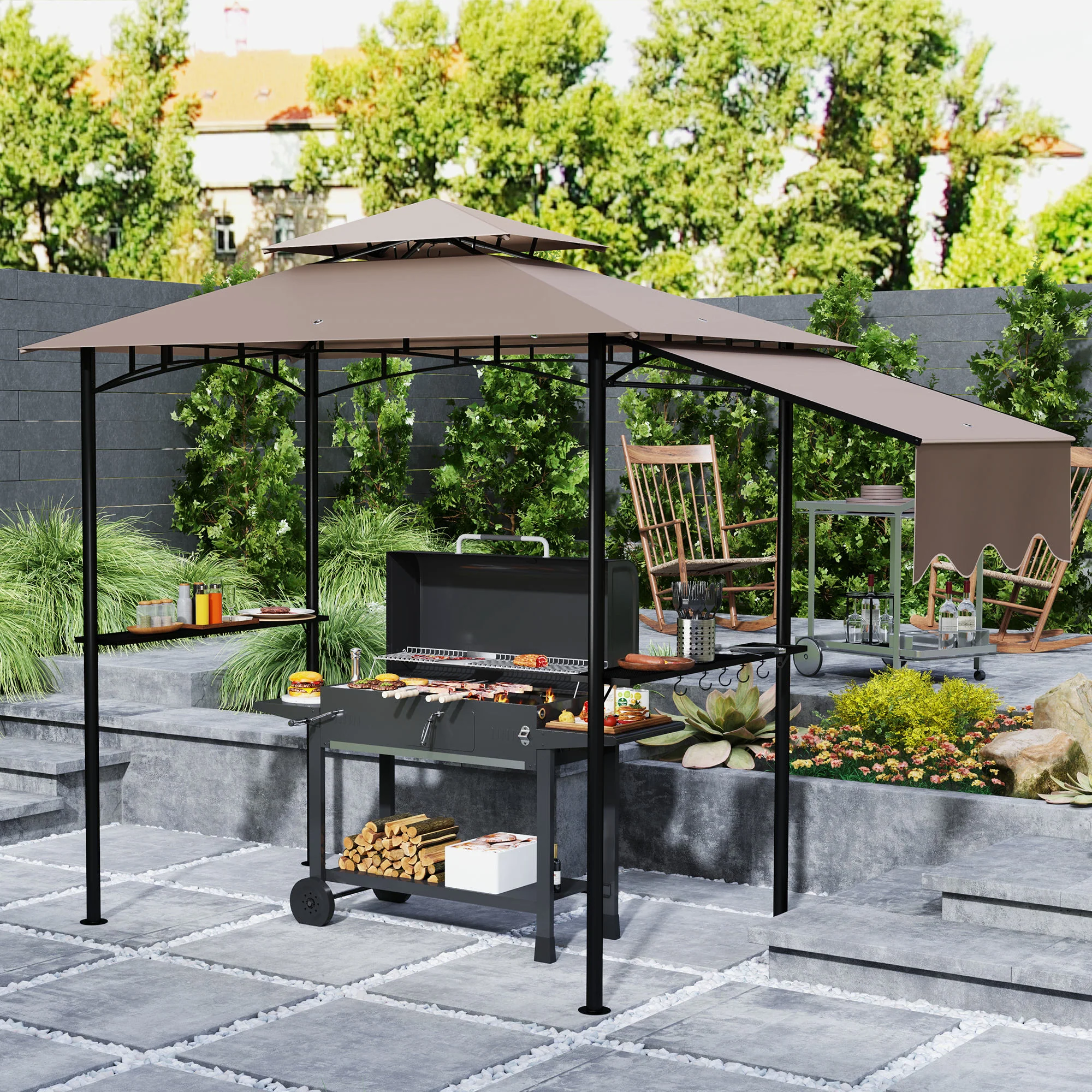 8' x 5' Double-Tiered BBQ Gazebo with Side Shelves, Khaki - Image 3