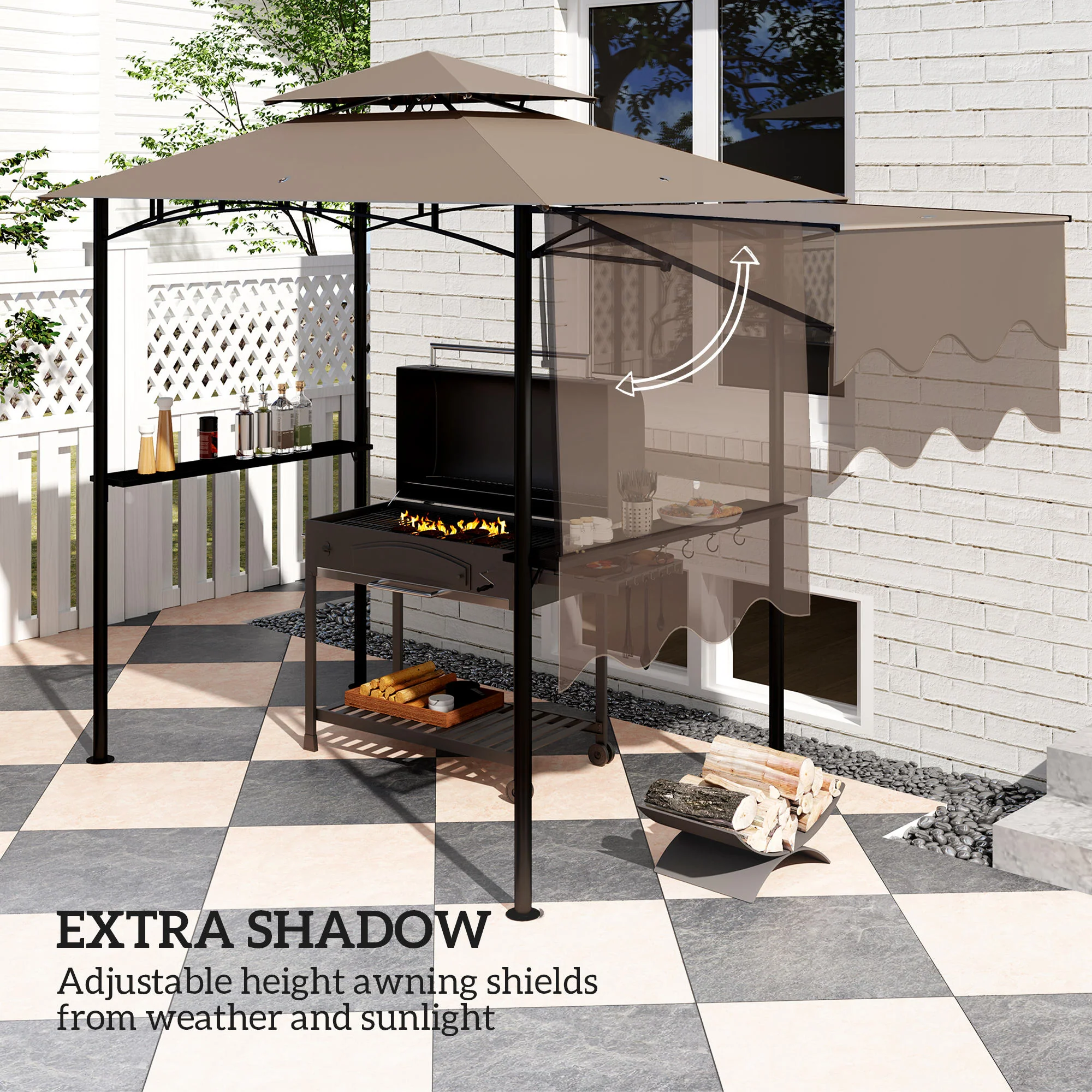 8' x 5' Double-Tiered BBQ Gazebo with Side Shelves, Khaki - Image 6