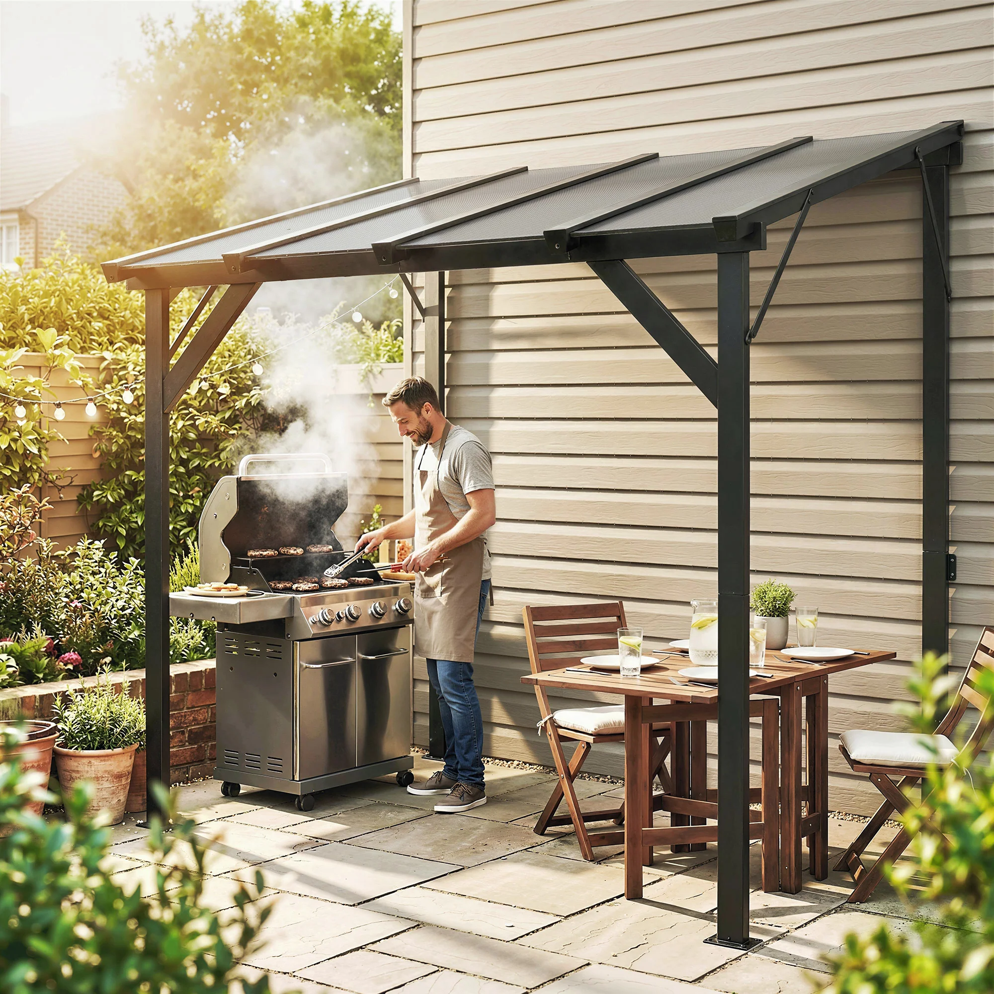 8' x 5' Hardtop Grill Gazebo with Polycarbonate Roof and Steel Frame, Wall-Mounted - Image 4
