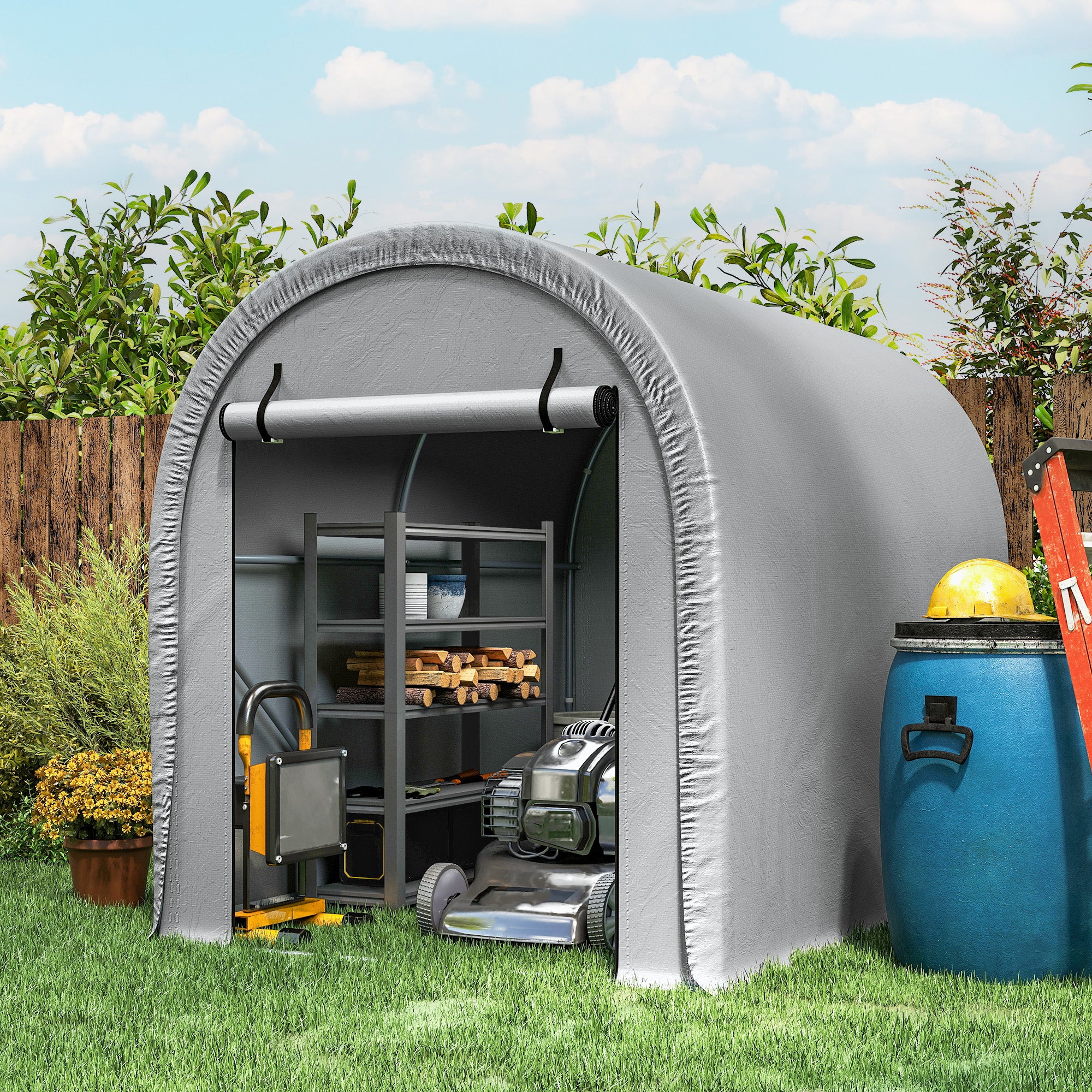 8' x 5' Portable Shed with Roll-up Zipper Door, Light Grey - Image 4
