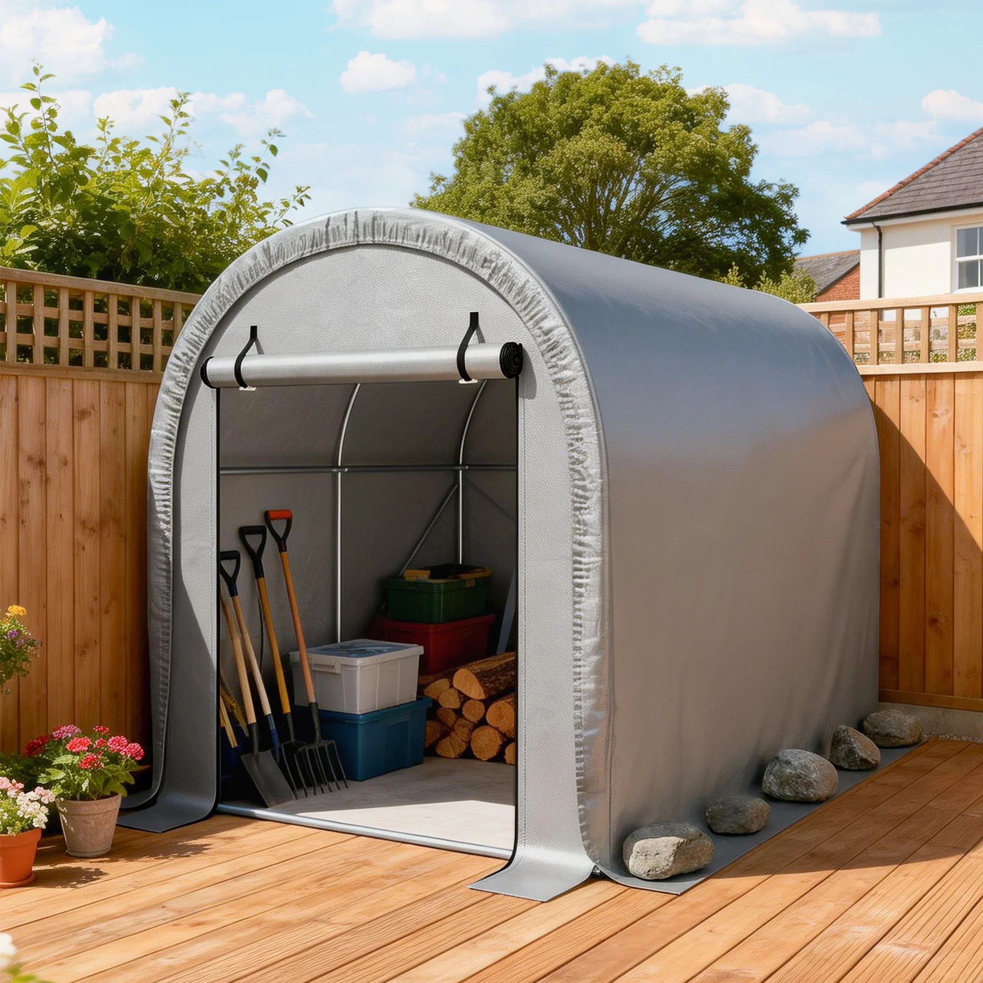 8' x 5' Portable Shed with Roll-up Zipper Door, Light Grey - Image 9