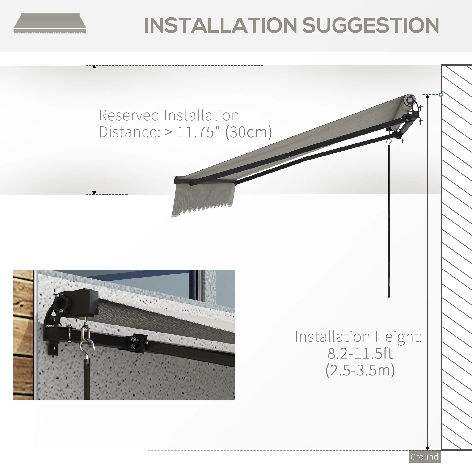 8' x 6.5' Retractable Awning with Manual Crank, 280gsm UV Resistant Fabric and Aluminum Frame, Light Grey - Image 9