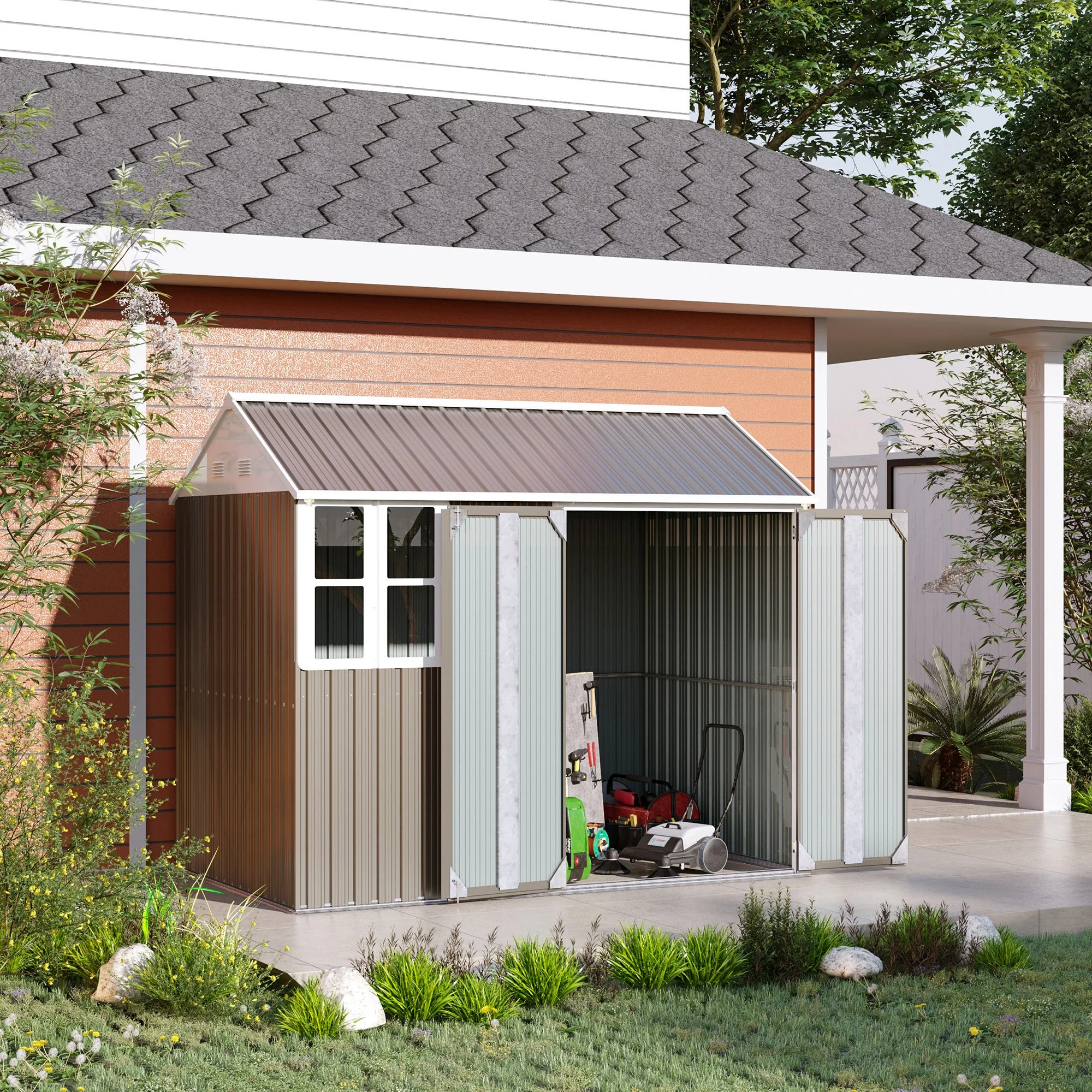 8 x 6 ft Lockable Galvanised Metal Garden Shed with Single Door, Window and Air Vents, Grey - Image 4