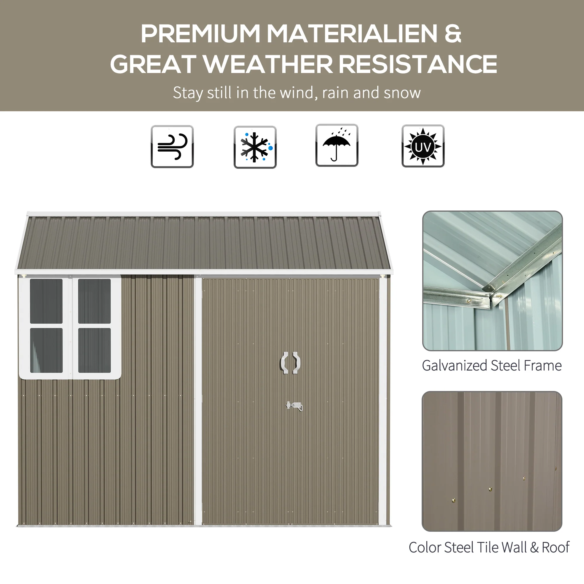 8 x 6 ft Lockable Galvanised Metal Garden Shed with Single Door, Window and Air Vents, Grey - Image 6