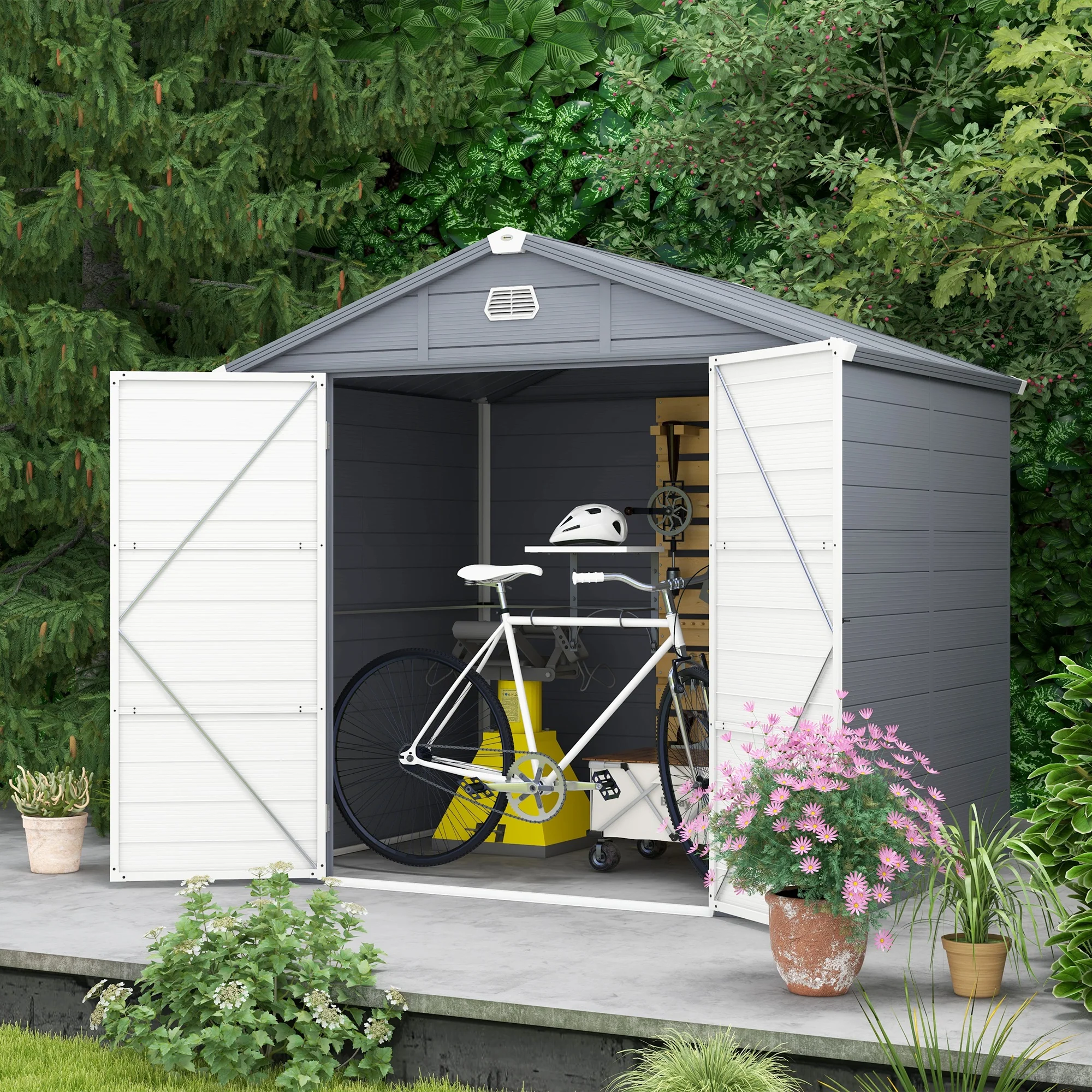 8' x 6' Aluminum Frame Storage Shed with Galvanized Foundation, Light Grey - Image 4