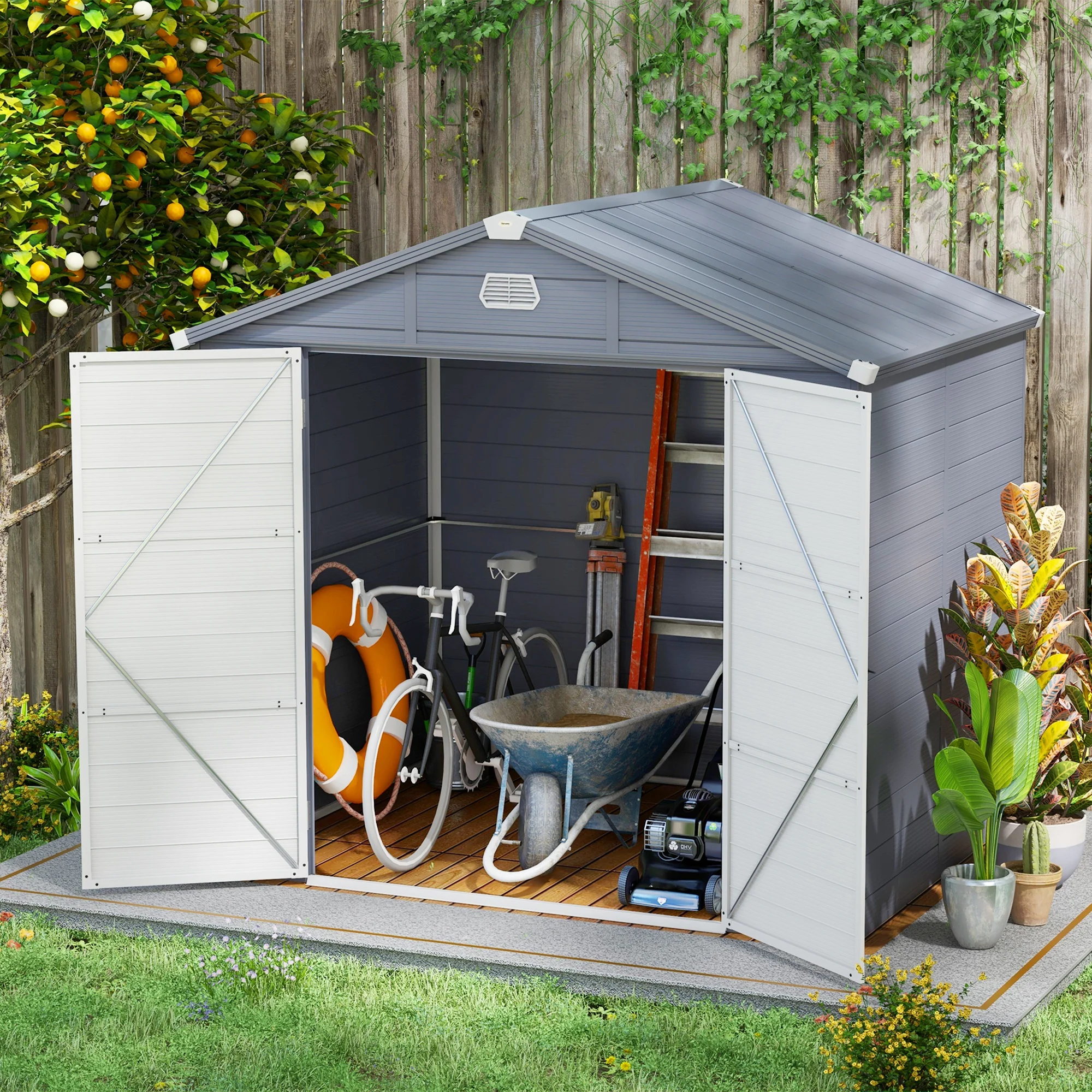 8' x 6' Aluminum Frame Storage Shed with Galvanized Foundation, Light Grey - Image 9