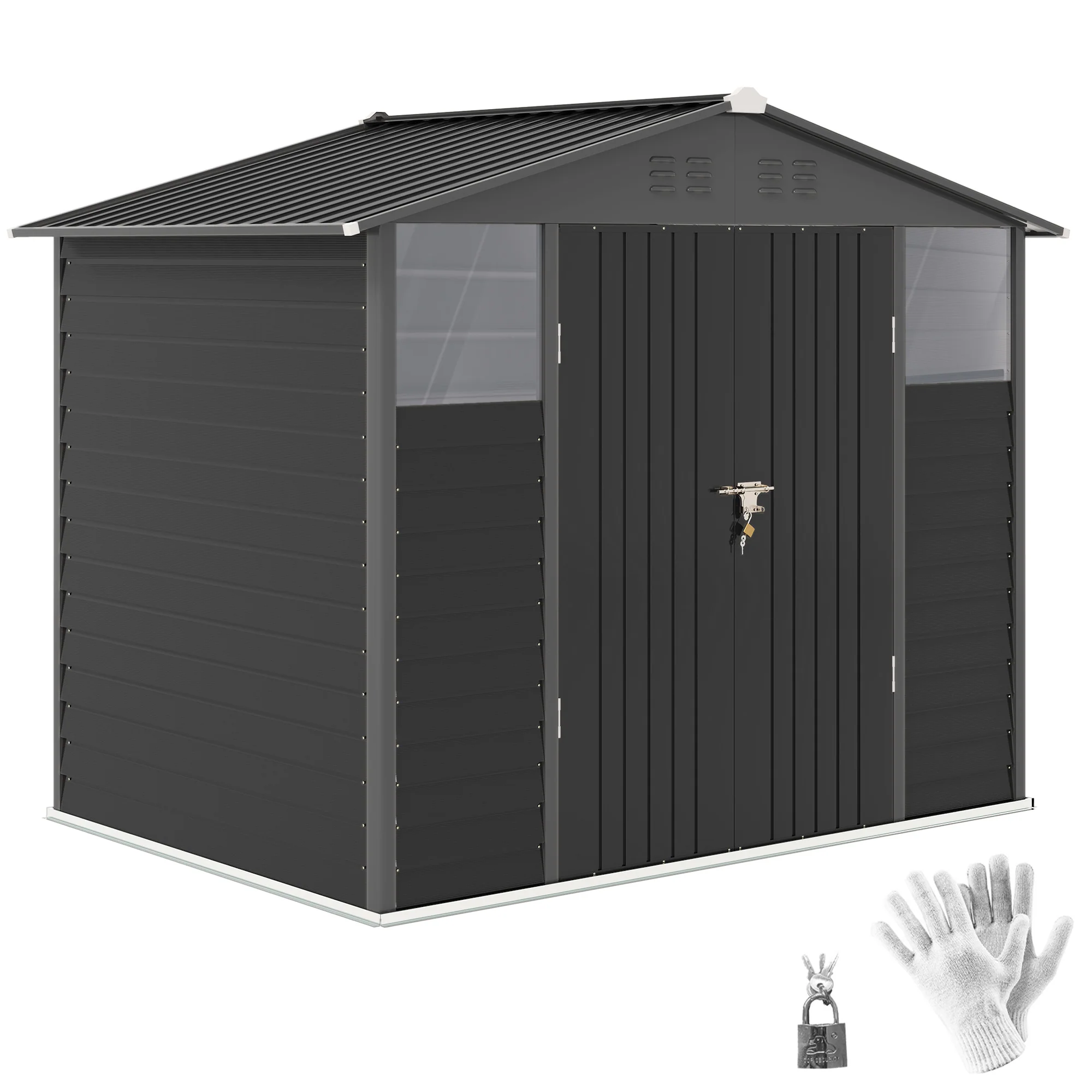 8' x 6' Galvanized Metal Garden Shed with 2 Windows, 4 Vents and Lockable Doors, Dark Grey