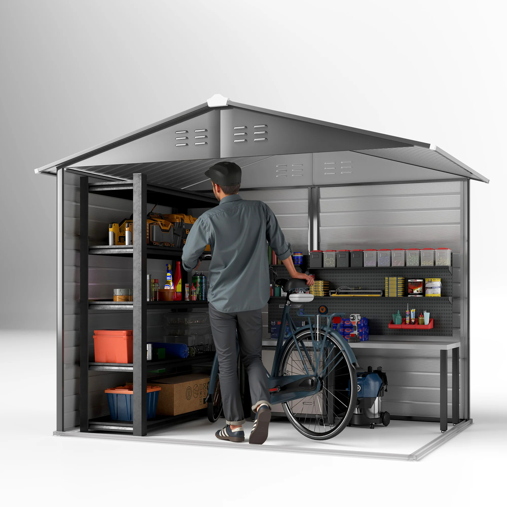 8' x 6' Galvanized Metal Garden Shed with 2 Windows, 4 Vents and Lockable Doors, Dark Grey - Image 10