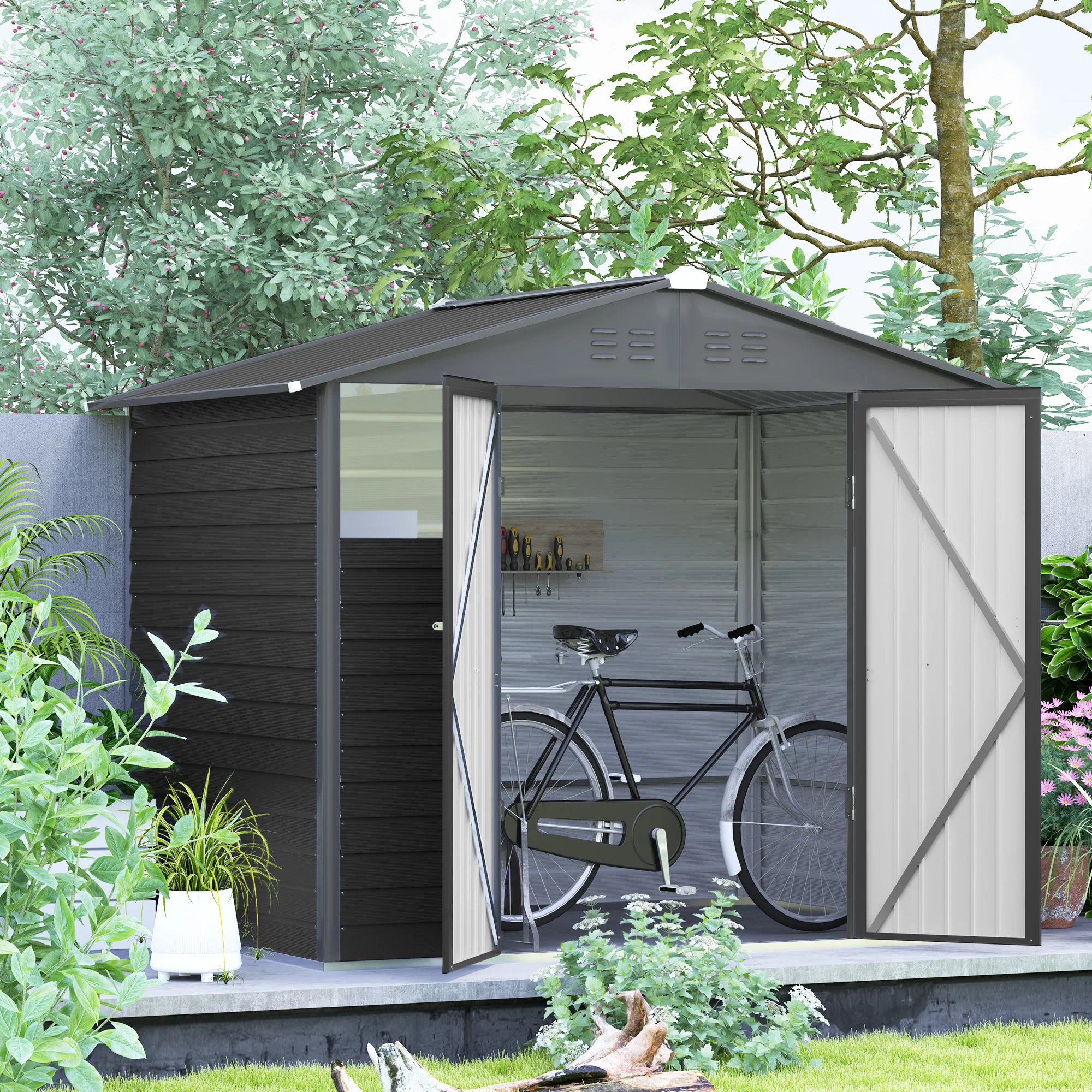 8' x 6' Galvanized Metal Garden Shed with 2 Windows, 4 Vents and Lockable Doors, Dark Grey - Image 11