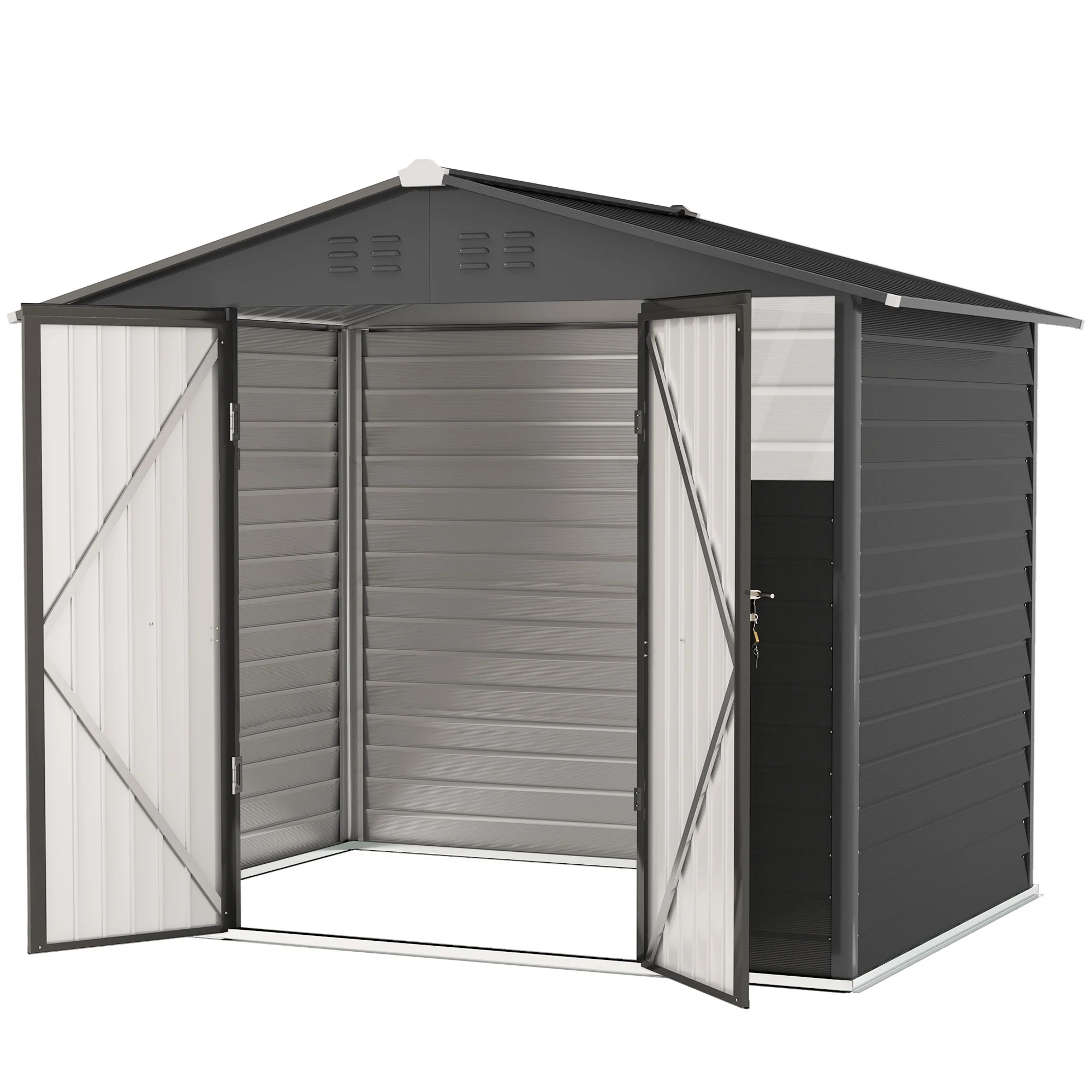 8' x 6' Galvanized Metal Garden Shed with 2 Windows, 4 Vents and Lockable Doors, Dark Grey - Image 2