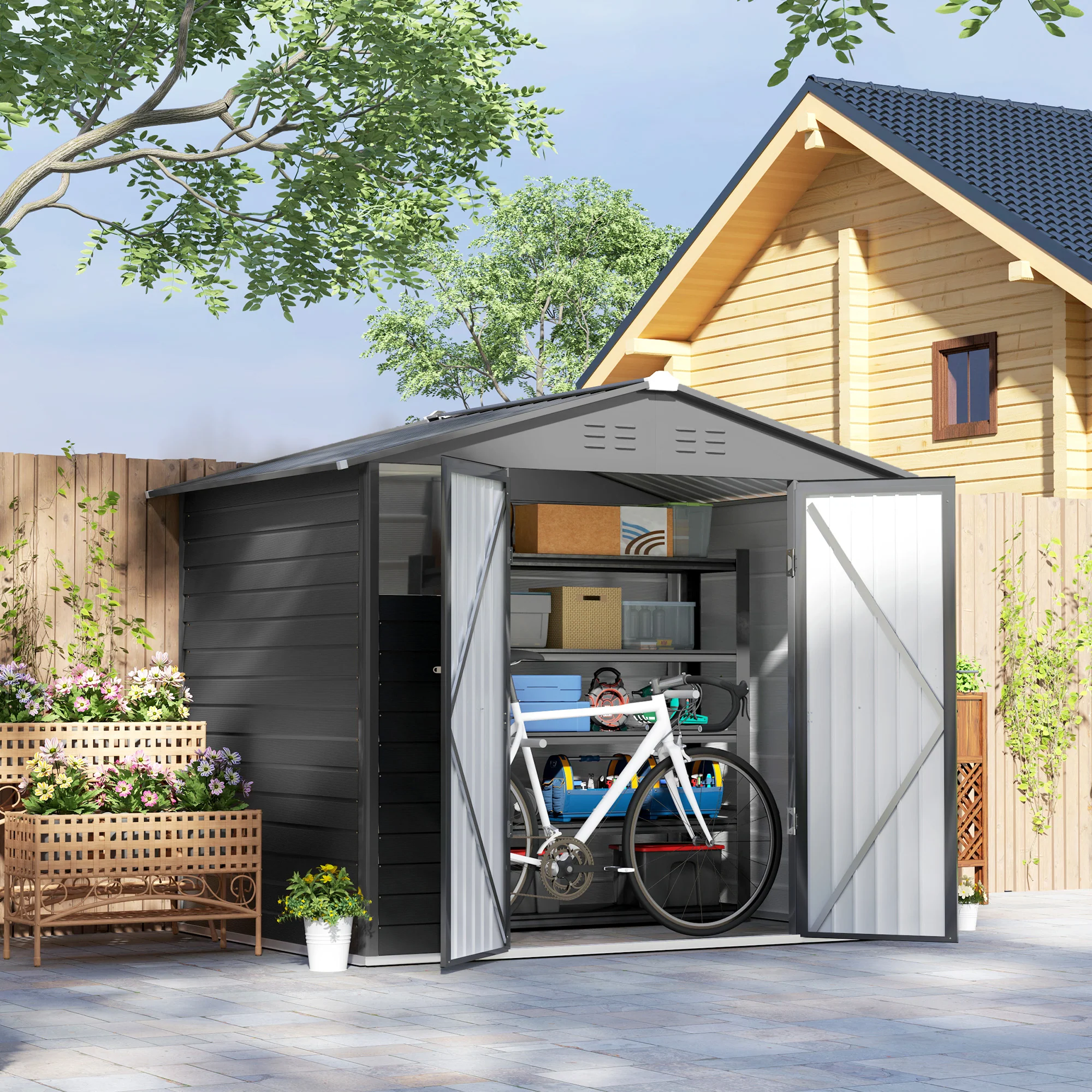 8' x 6' Galvanized Metal Garden Shed with 2 Windows, 4 Vents and Lockable Doors, Dark Grey - Image 3
