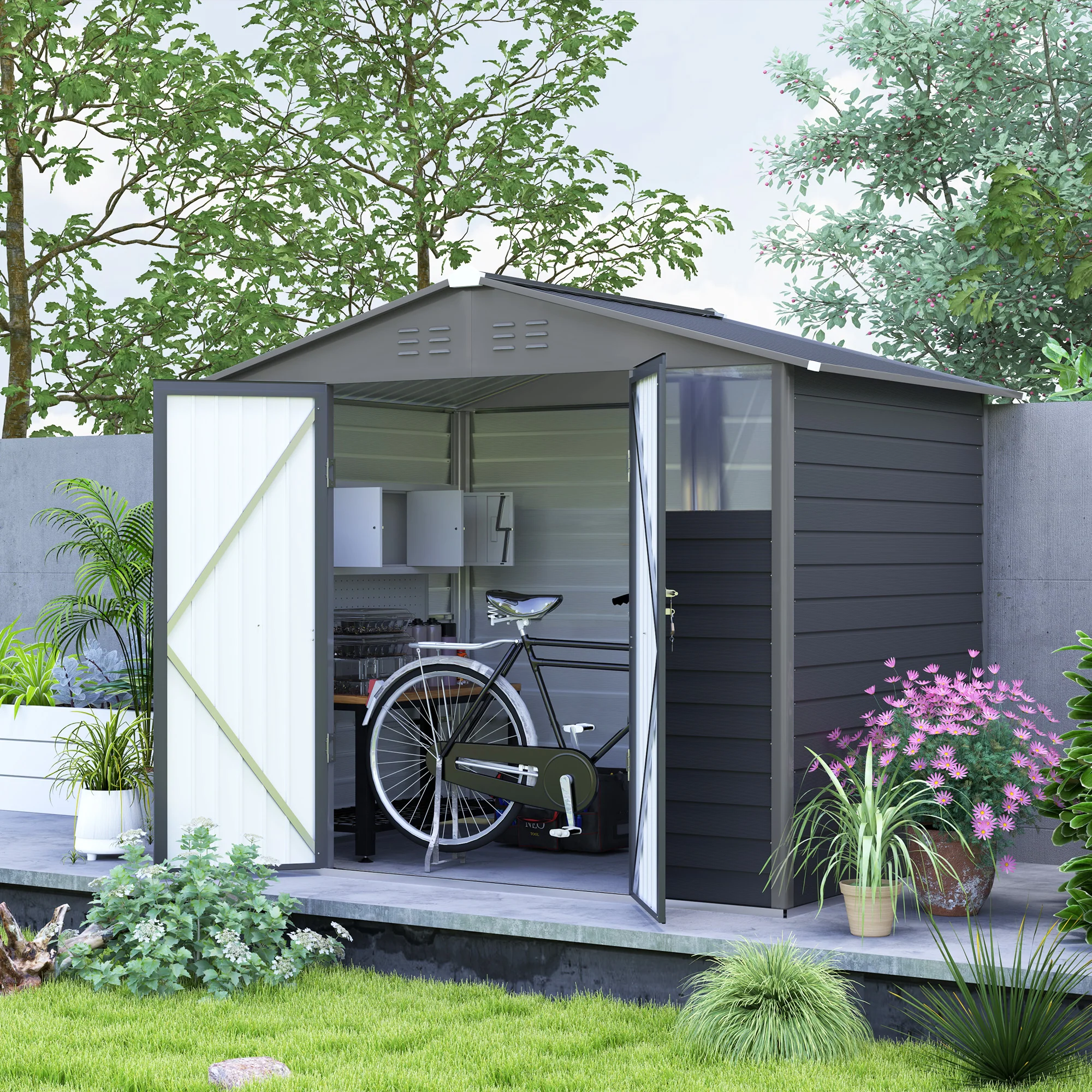 8' x 6' Galvanized Metal Garden Shed with 2 Windows, 4 Vents and Lockable Doors, Dark Grey - Image 4