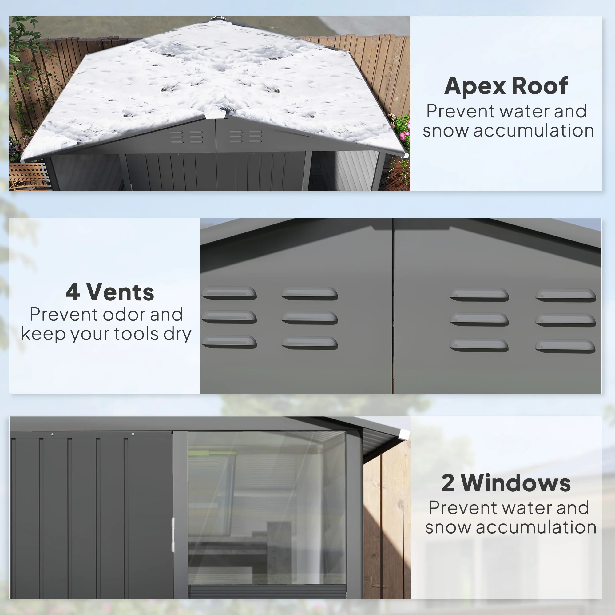 8' x 6' Galvanized Metal Garden Shed with 2 Windows, 4 Vents and Lockable Doors, Dark Grey - Image 6