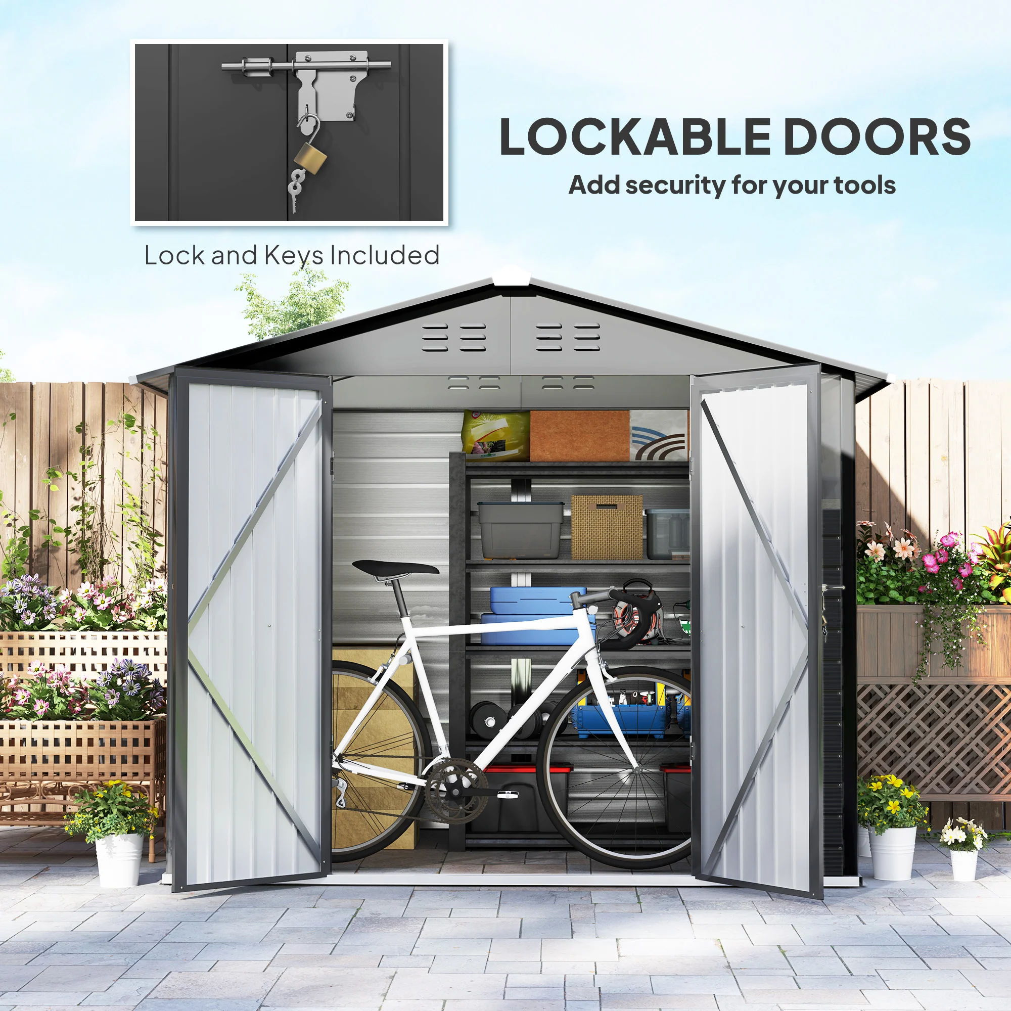 8' x 6' Galvanized Metal Garden Shed with 2 Windows, 4 Vents and Lockable Doors, Dark Grey - Image 7