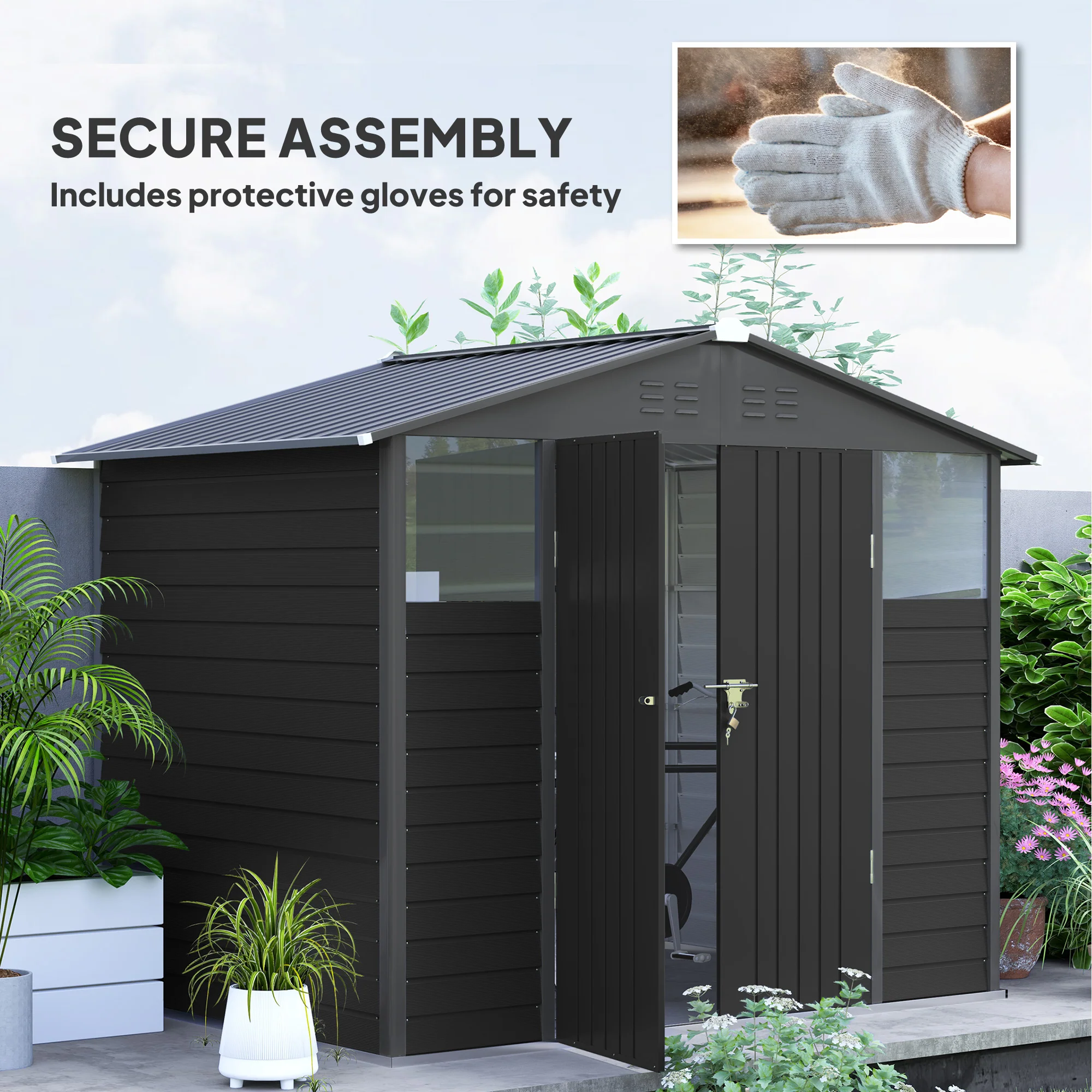 8' x 6' Galvanized Metal Garden Shed with 2 Windows, 4 Vents and Lockable Doors, Dark Grey - Image 9