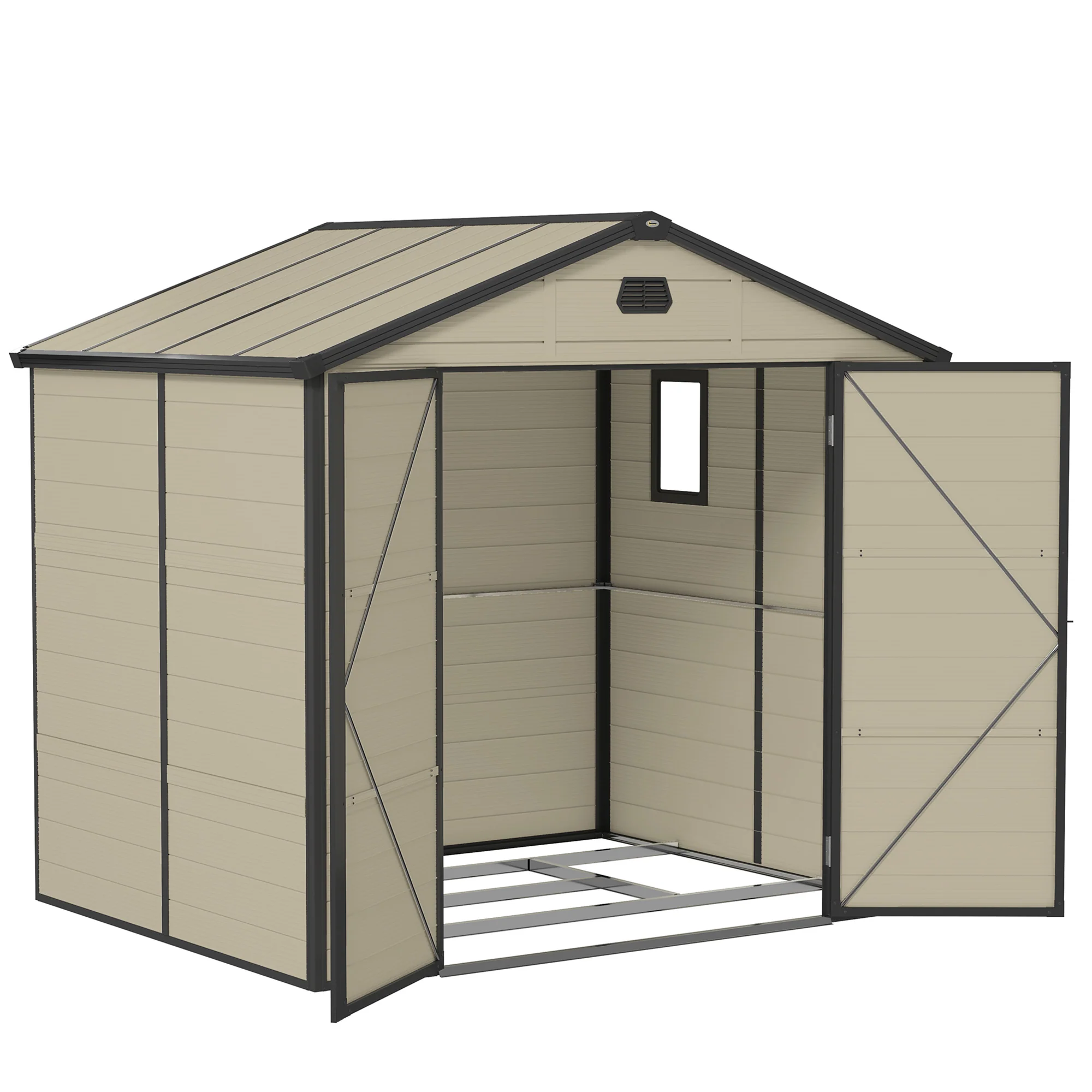 8 x 6ft Plastic Garden Storage Shed w/ Foundation Kit, Ventilation Slots & Lockable Door, Cream White