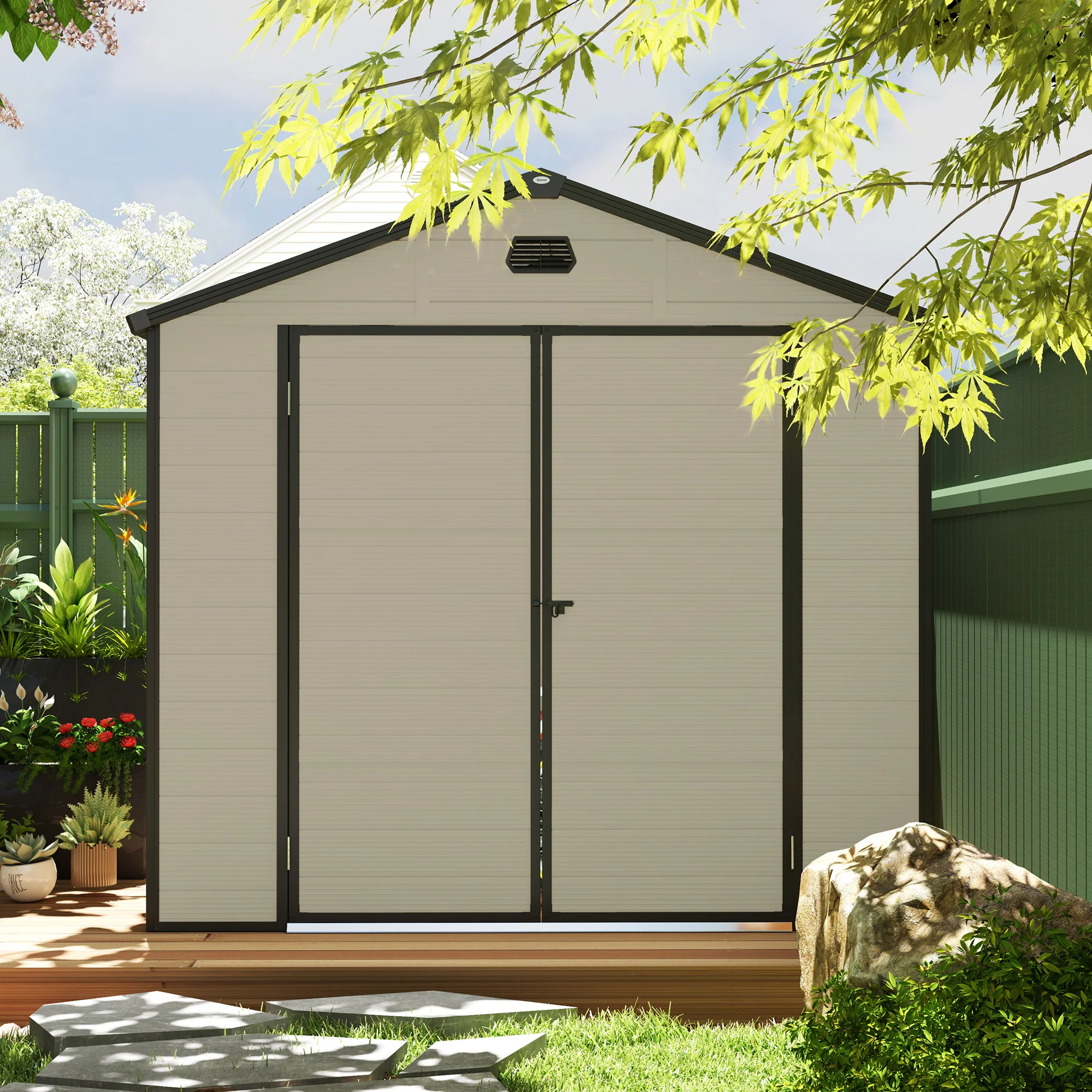 8 x 6ft Plastic Garden Storage Shed w/ Foundation Kit, Ventilation Slots & Lockable Door, Cream White - Image 10